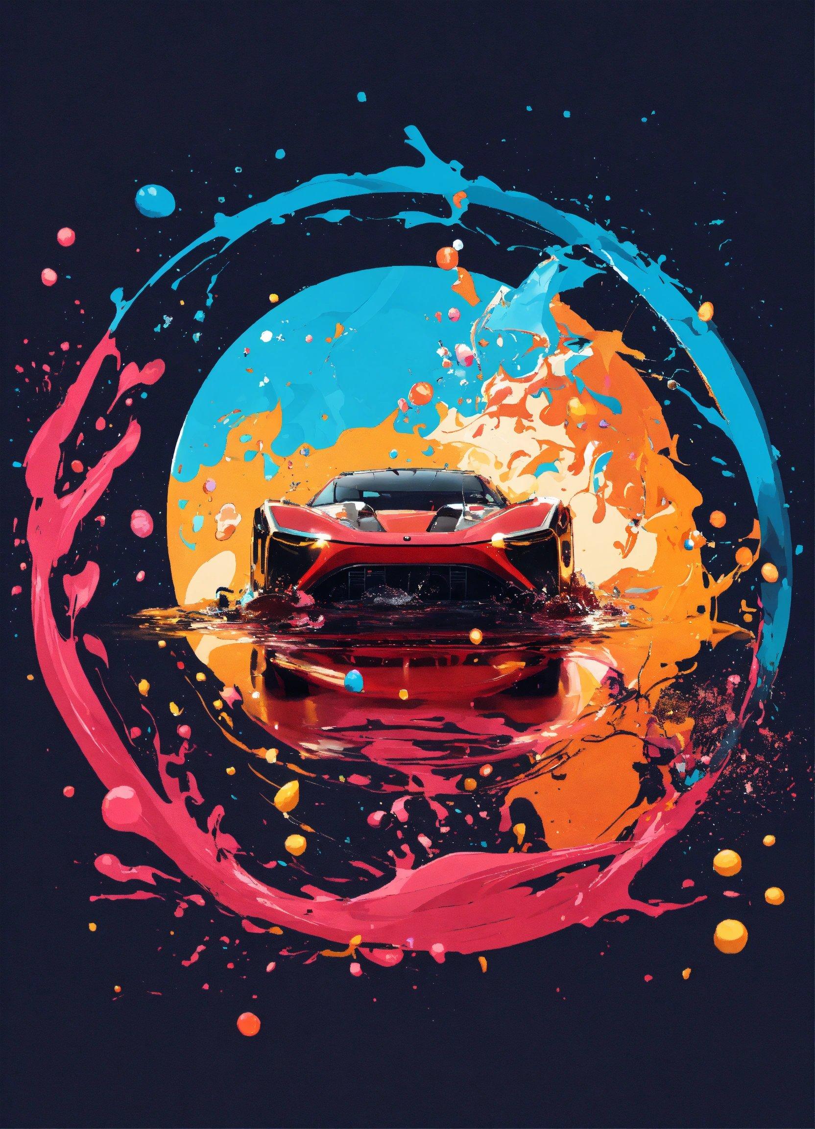 A Red Car Driving Through A Colorful Circle