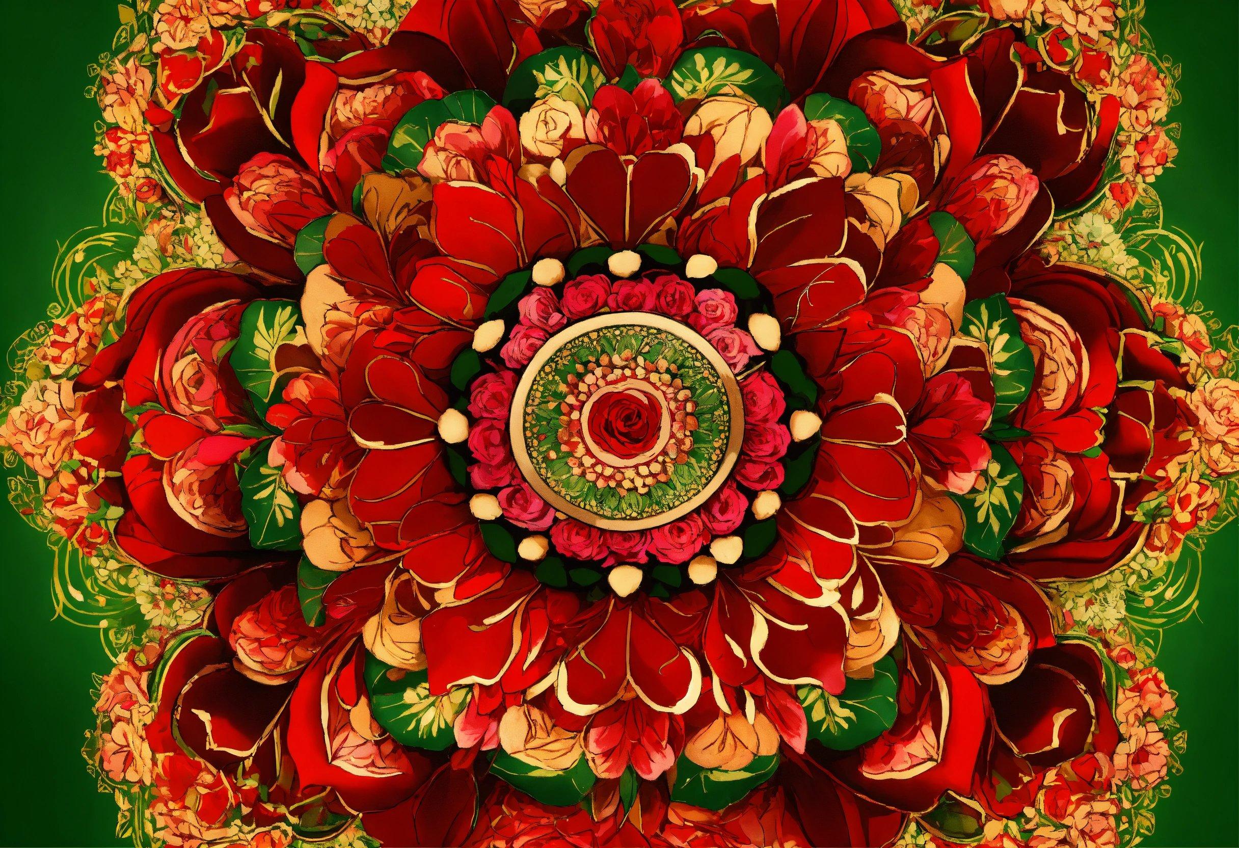 A Red Flower With A Green Center On A Green Background