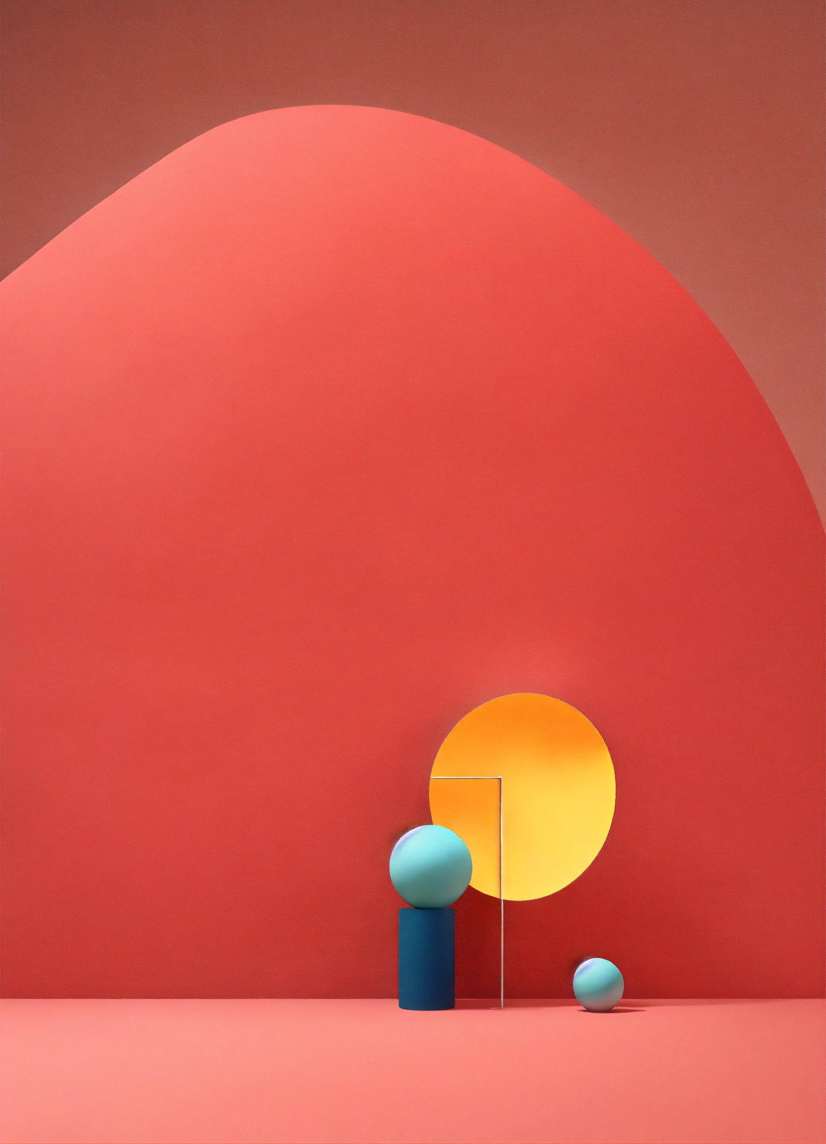 A Red Wall With A Blue Vase And A Yellow Ball