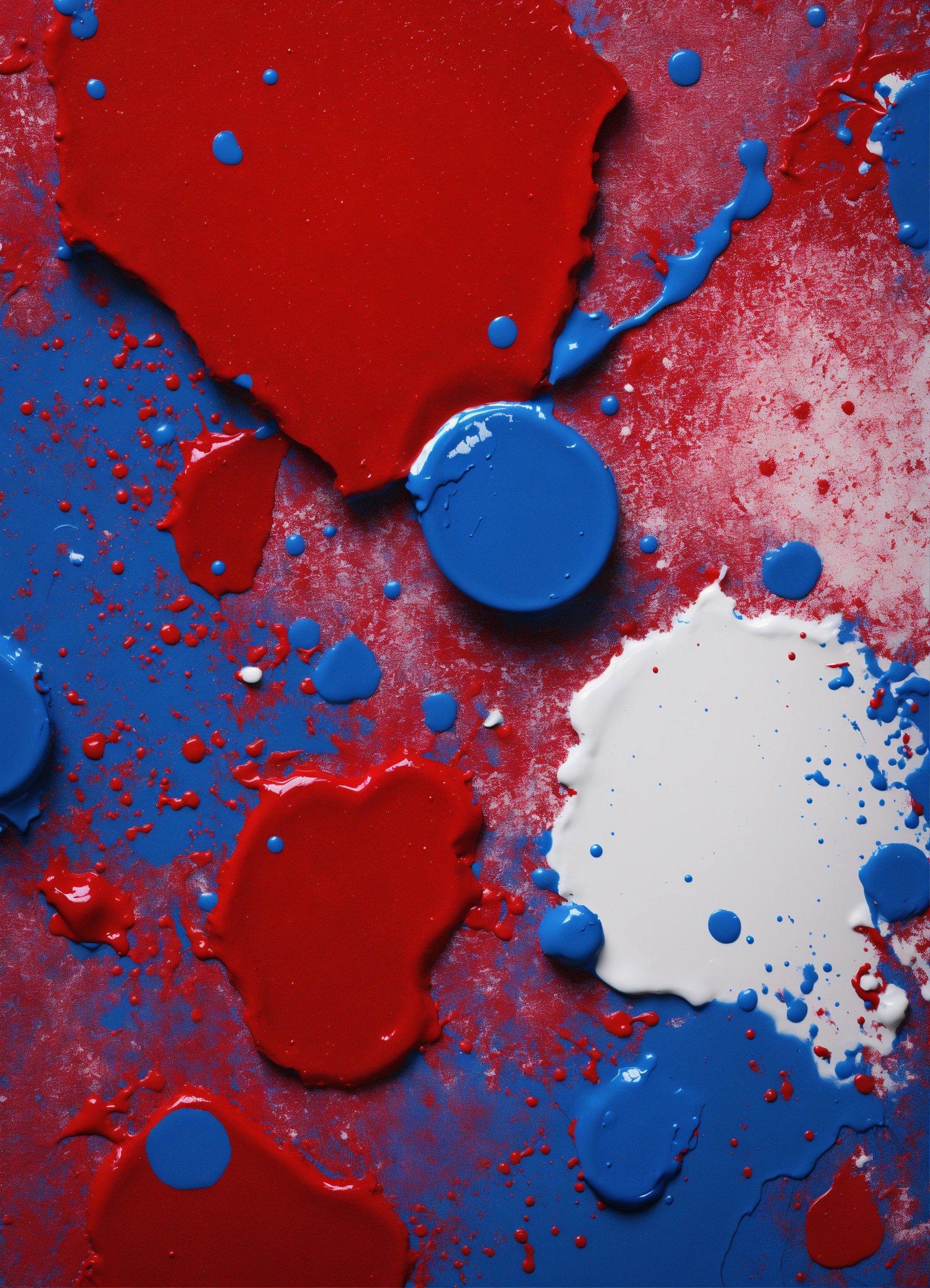 A Red, White, And Blue Painting With Paint Drops