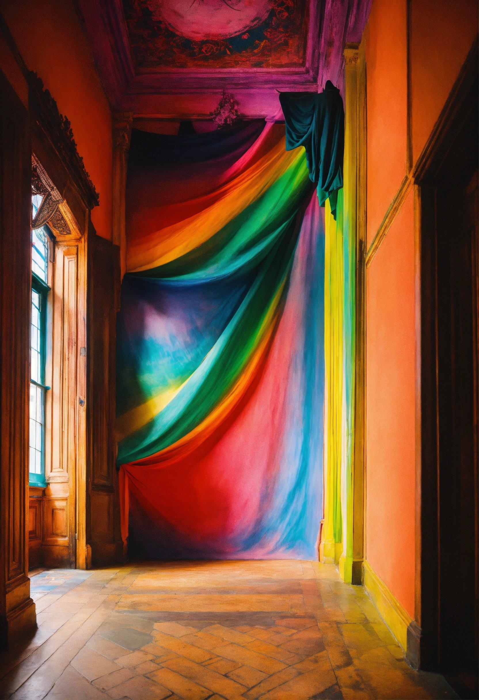 A Room With A Colorful Curtain In The Middle Of It