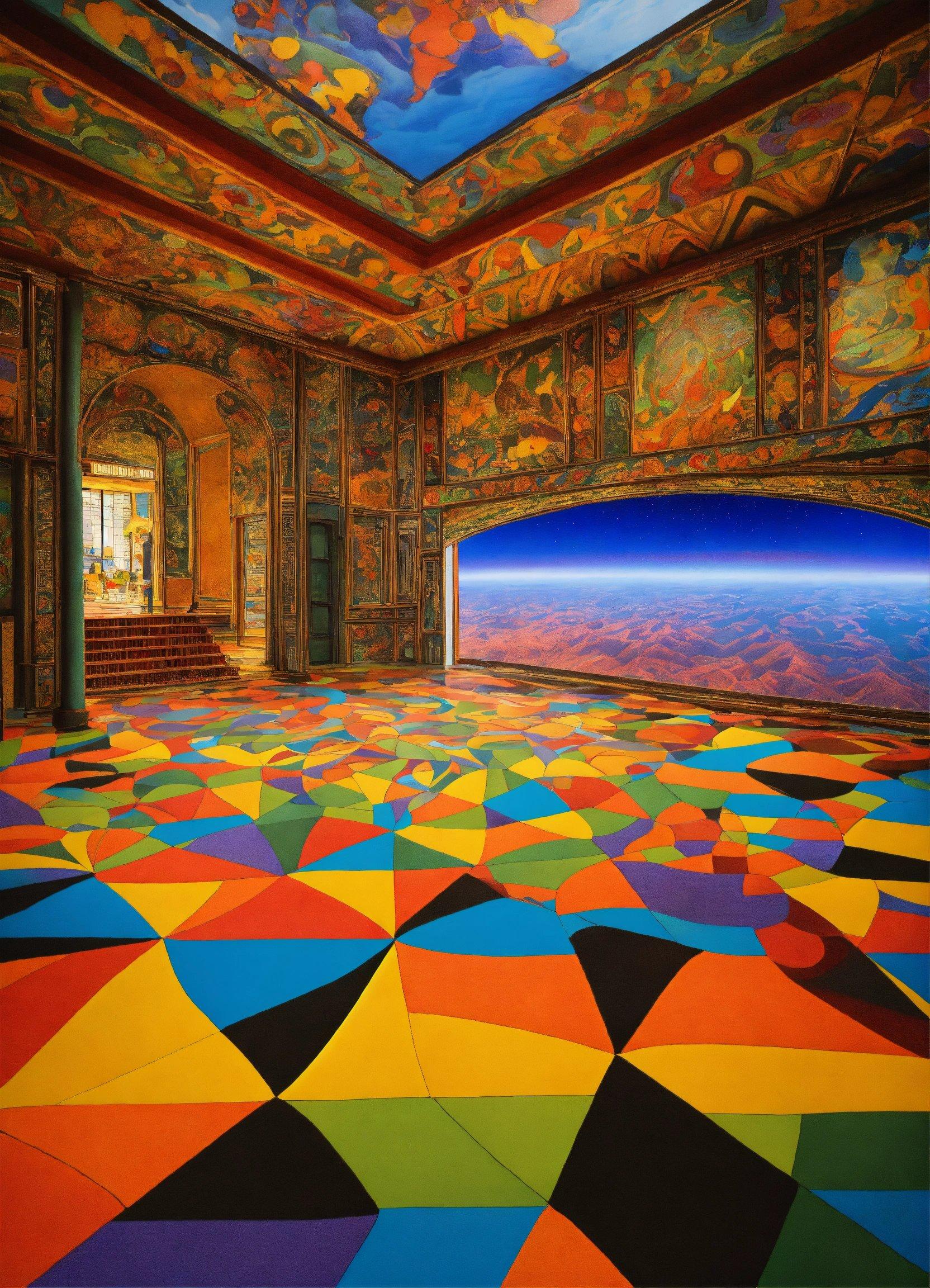 A Room With A Colorful Floor And A Painting On The Ceiling