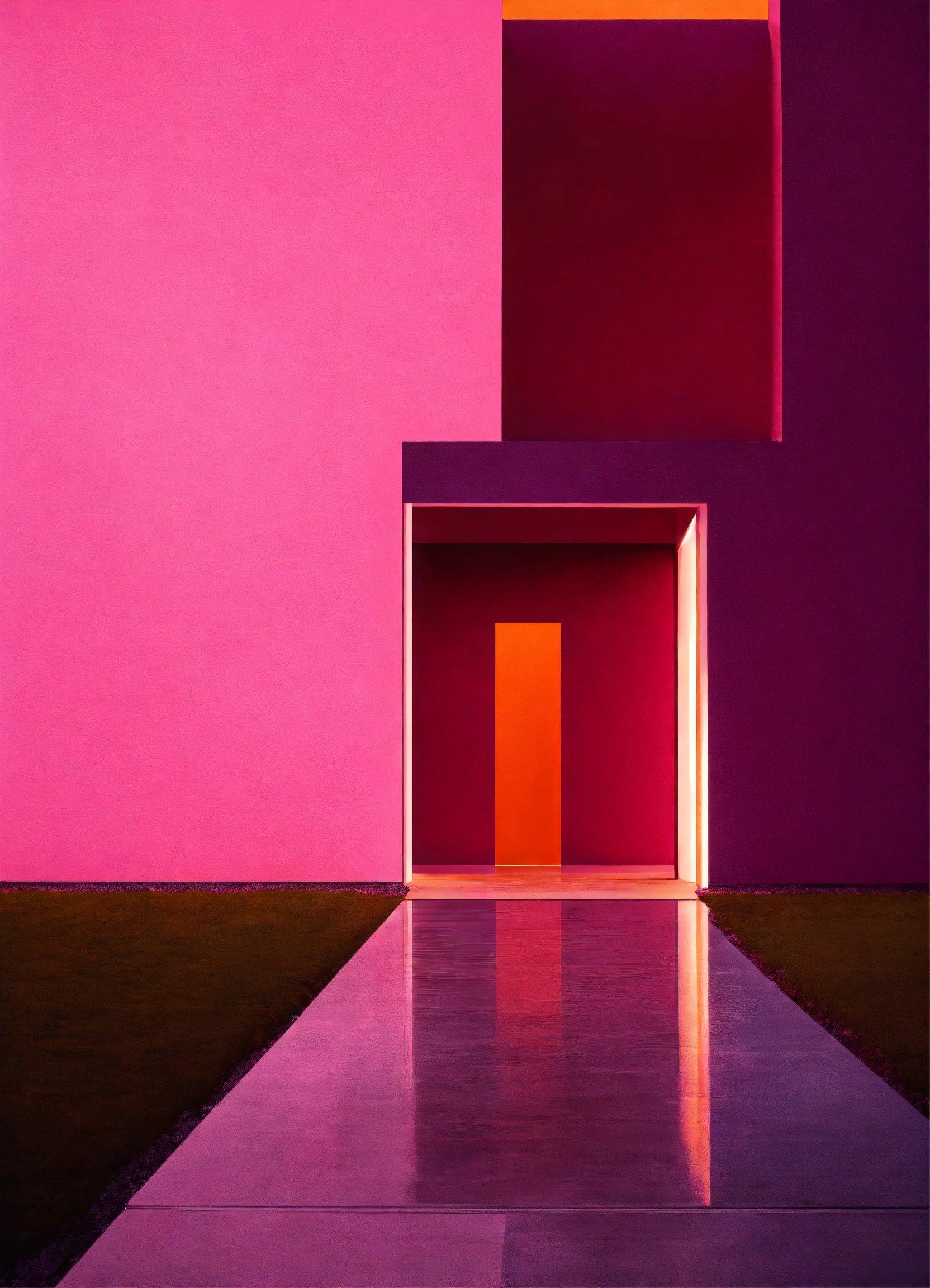 A Room With A Pink Wall And A Red Door