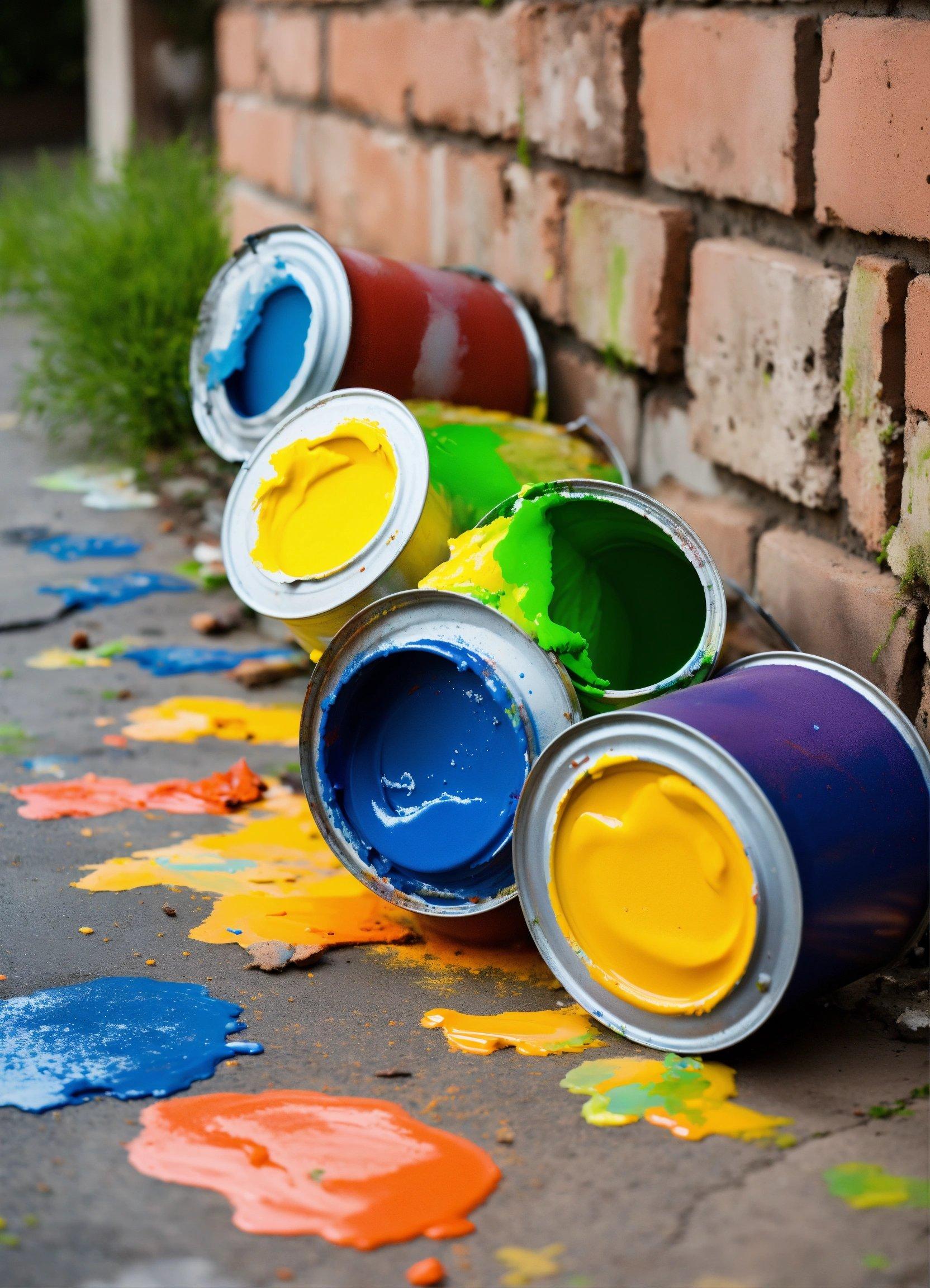 A Row Of Paint Cans Sitting Next To A Brick Wall