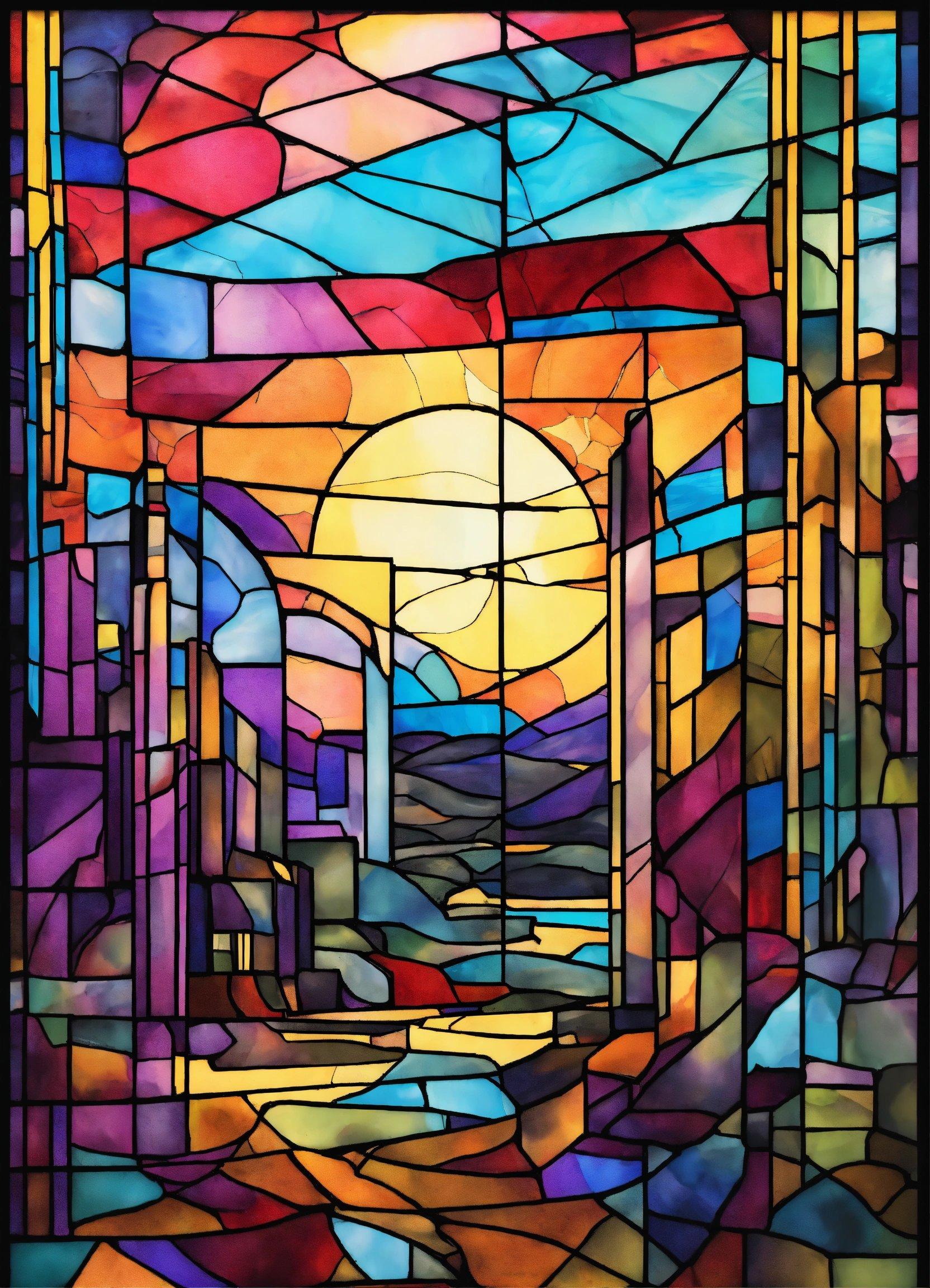 A Stained Glass Window With A Sunset In The Background