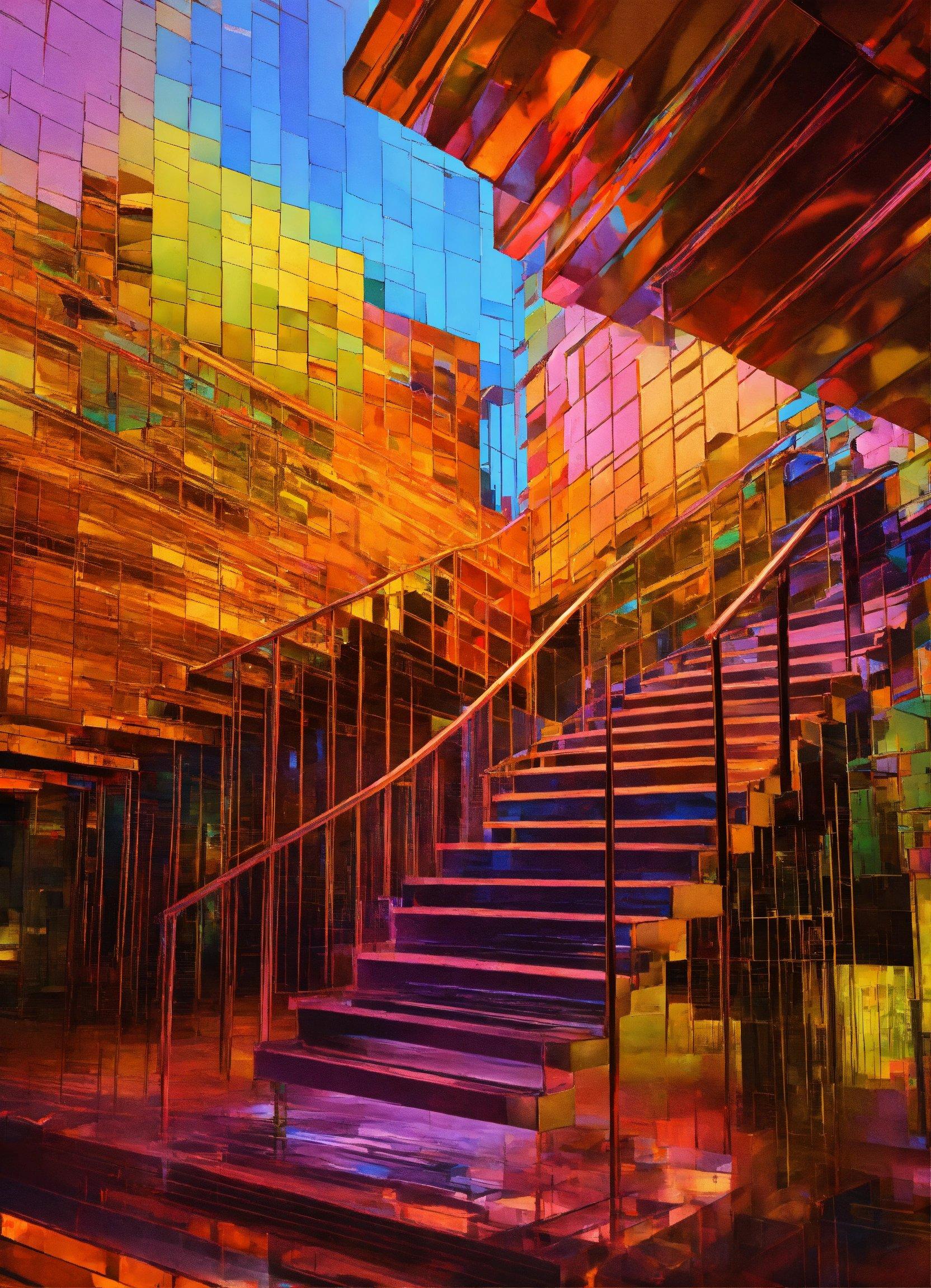 A Staircase With Colorful Tiles On The Side Of It