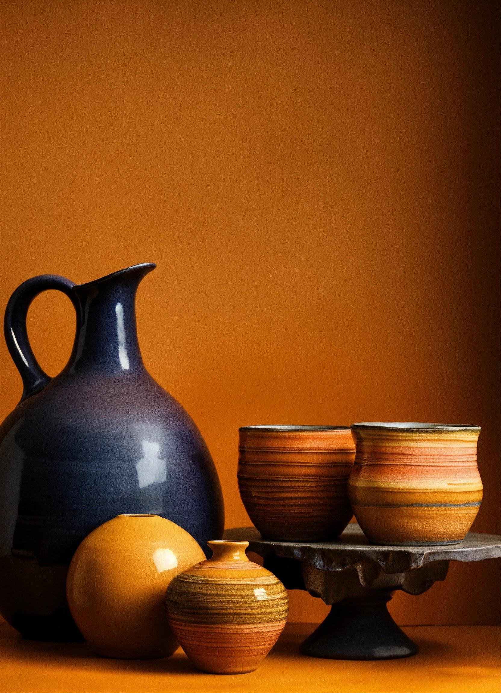 A Table Topped With Bowls And Vases On Top Of A Table