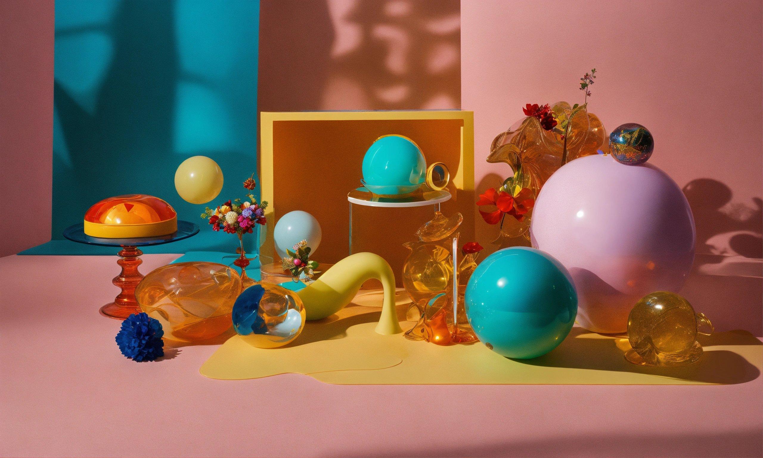 A Table Topped With Lots Of Colorful Balls And Vases