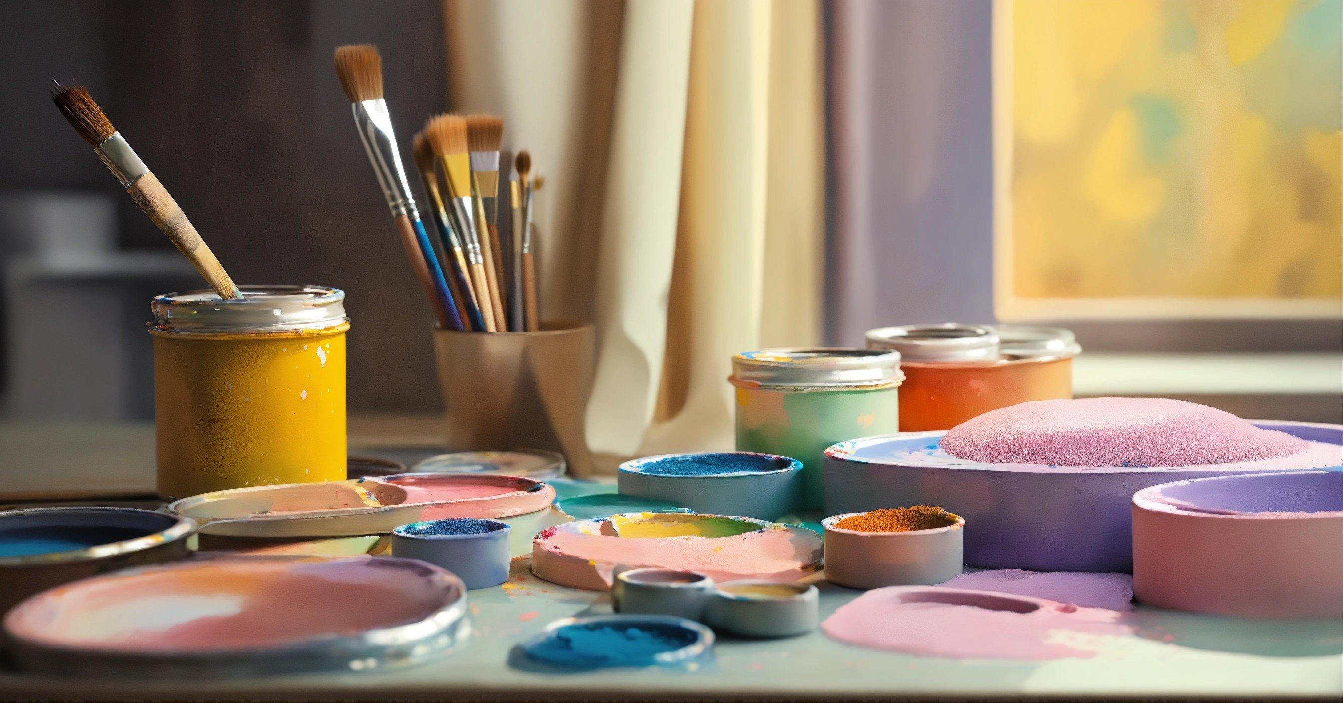 A Table Topped With Lots Of Paint And Brushes