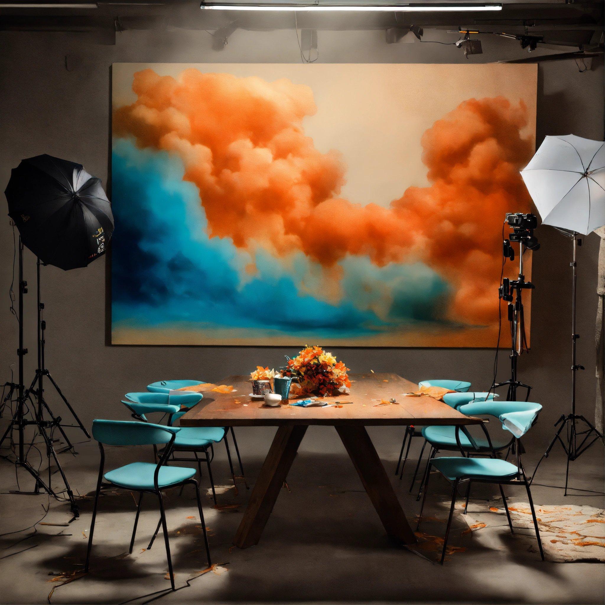 A Table With Blue Chairs In Front Of A Large Painting