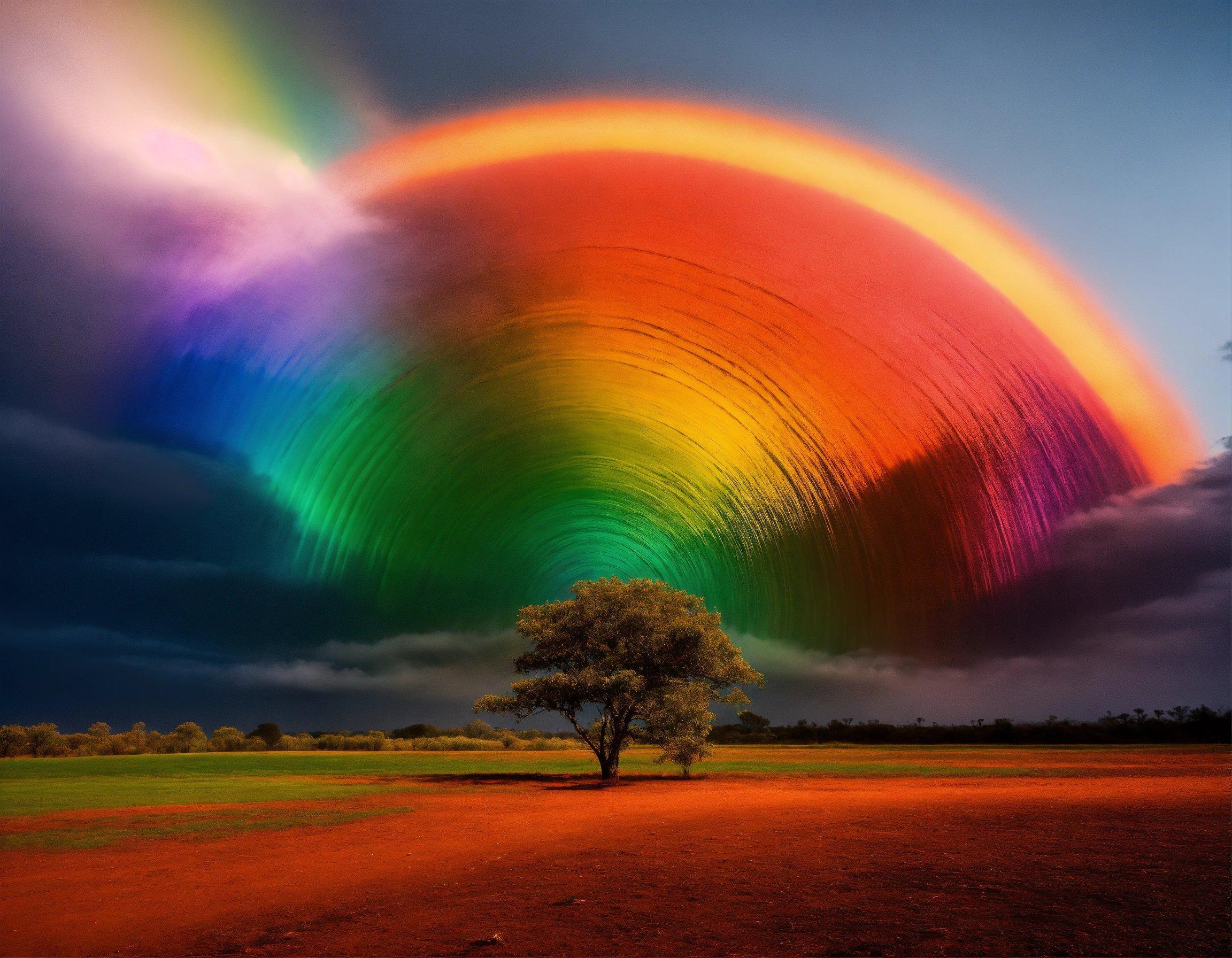 A Tree In A Field With A Rainbow In The Background