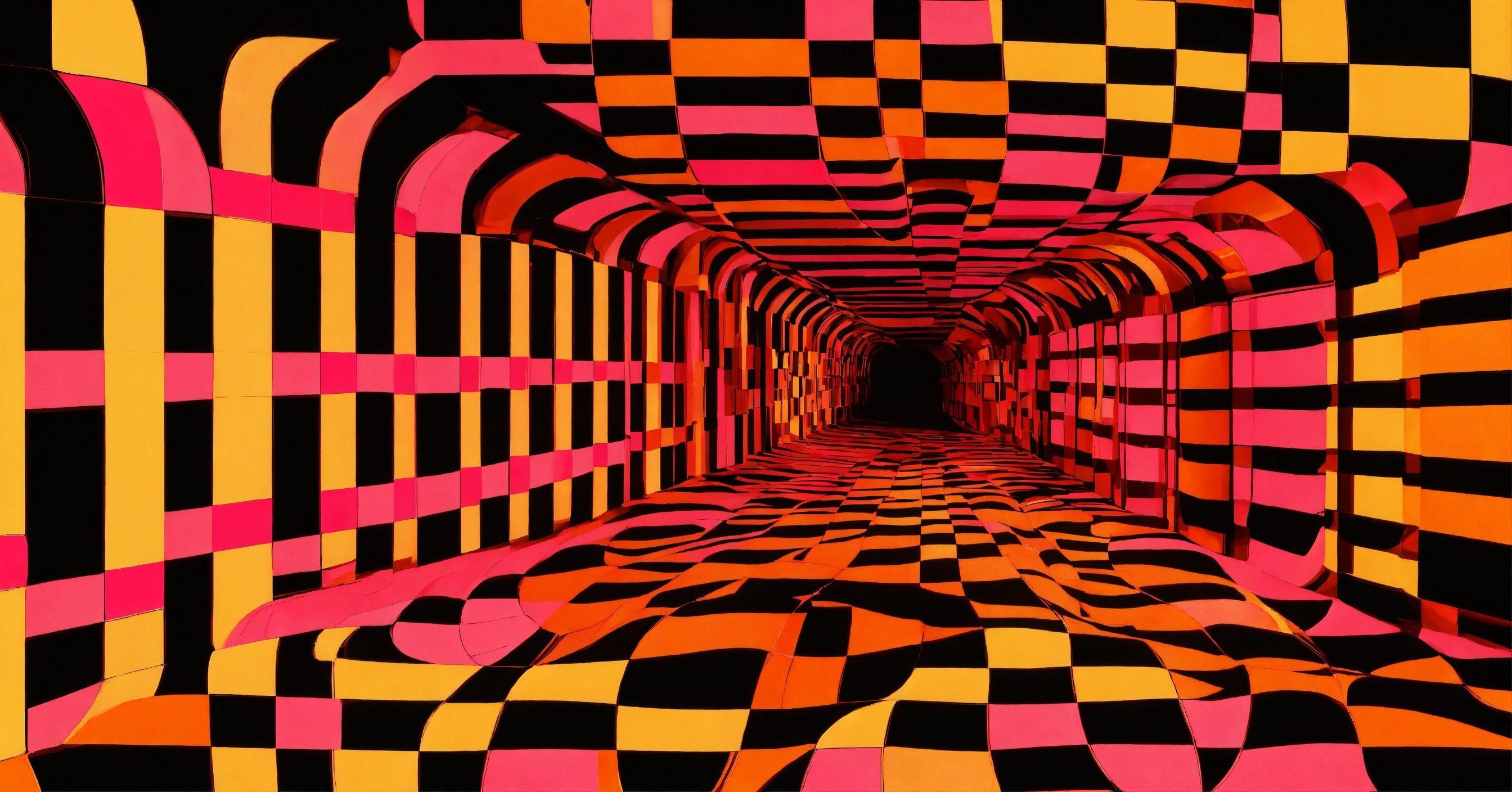 A Tunnel With Black And Yellow And Pink Checkered Walls