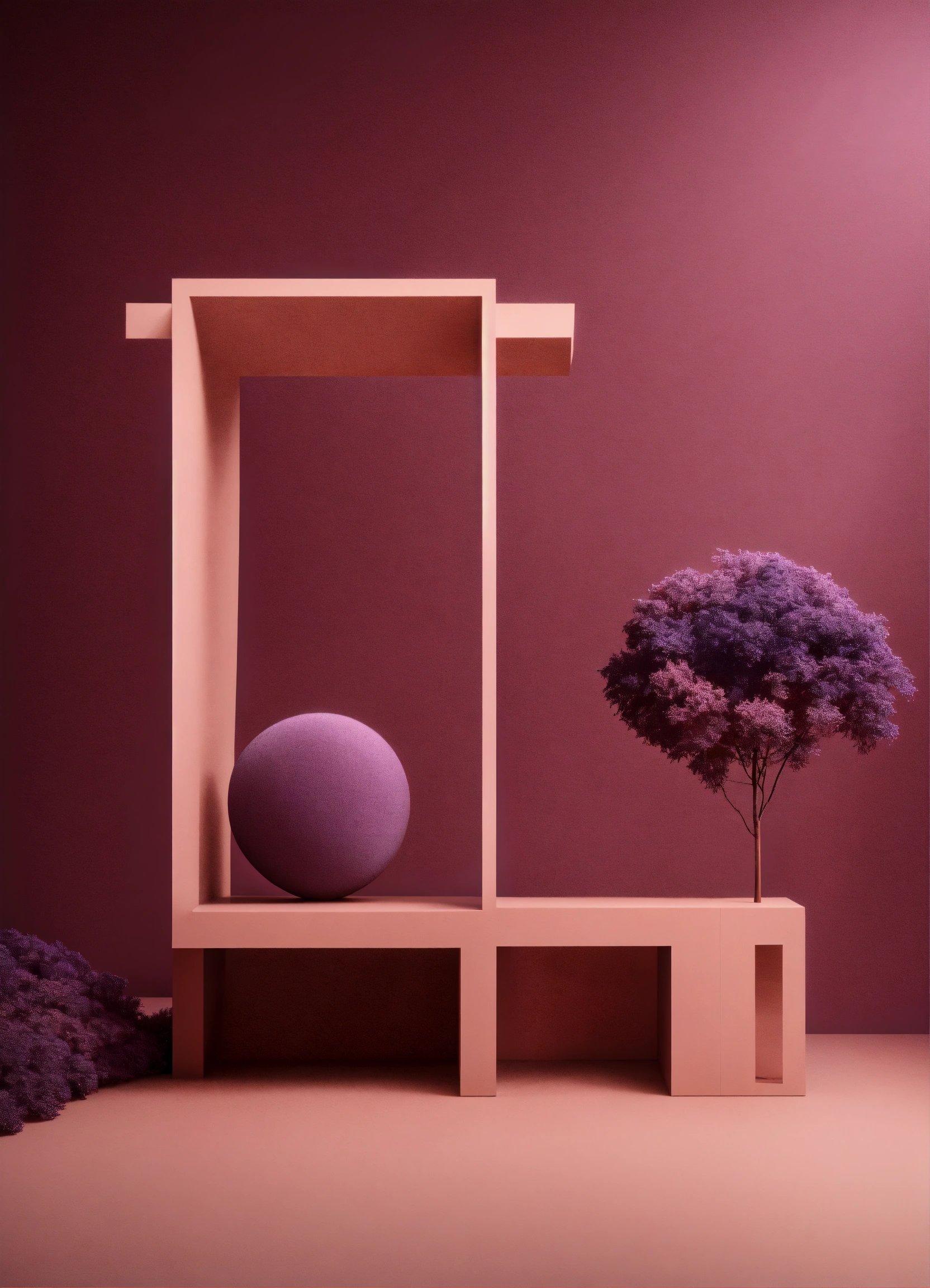 A Vase With A Tree And A Ball On A Shelf