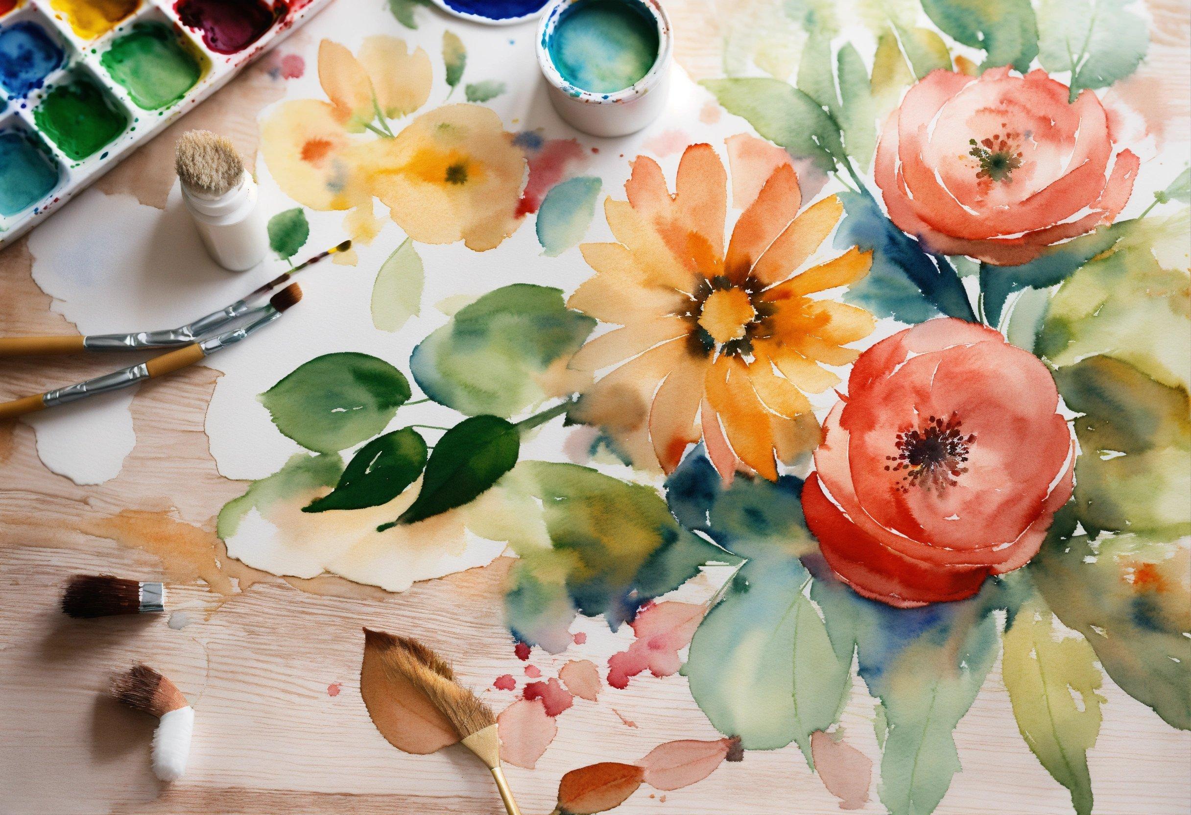 A Watercolor Painting Of Flowers On A Table