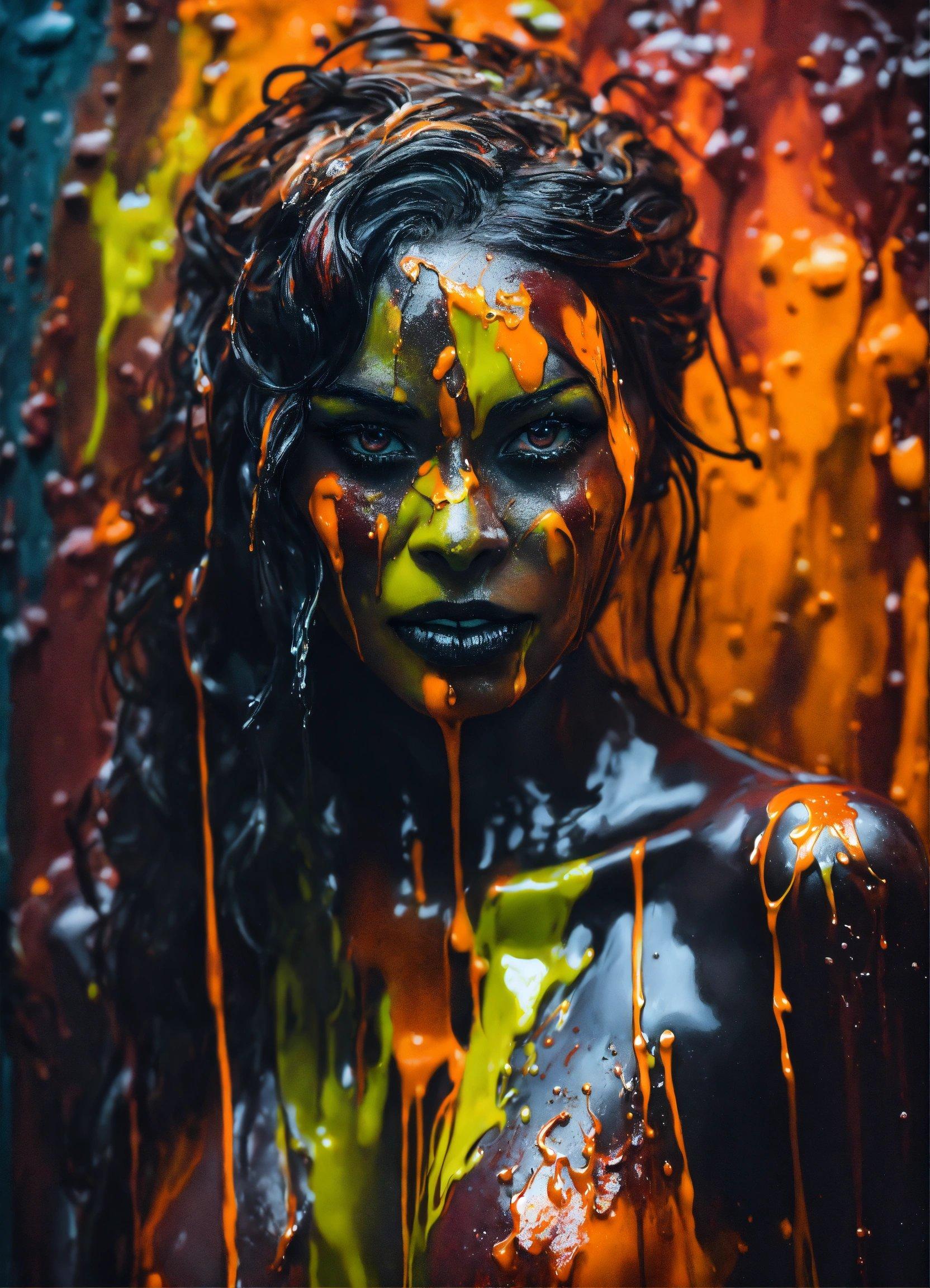 A Woman Covered In Orange And Green Paint