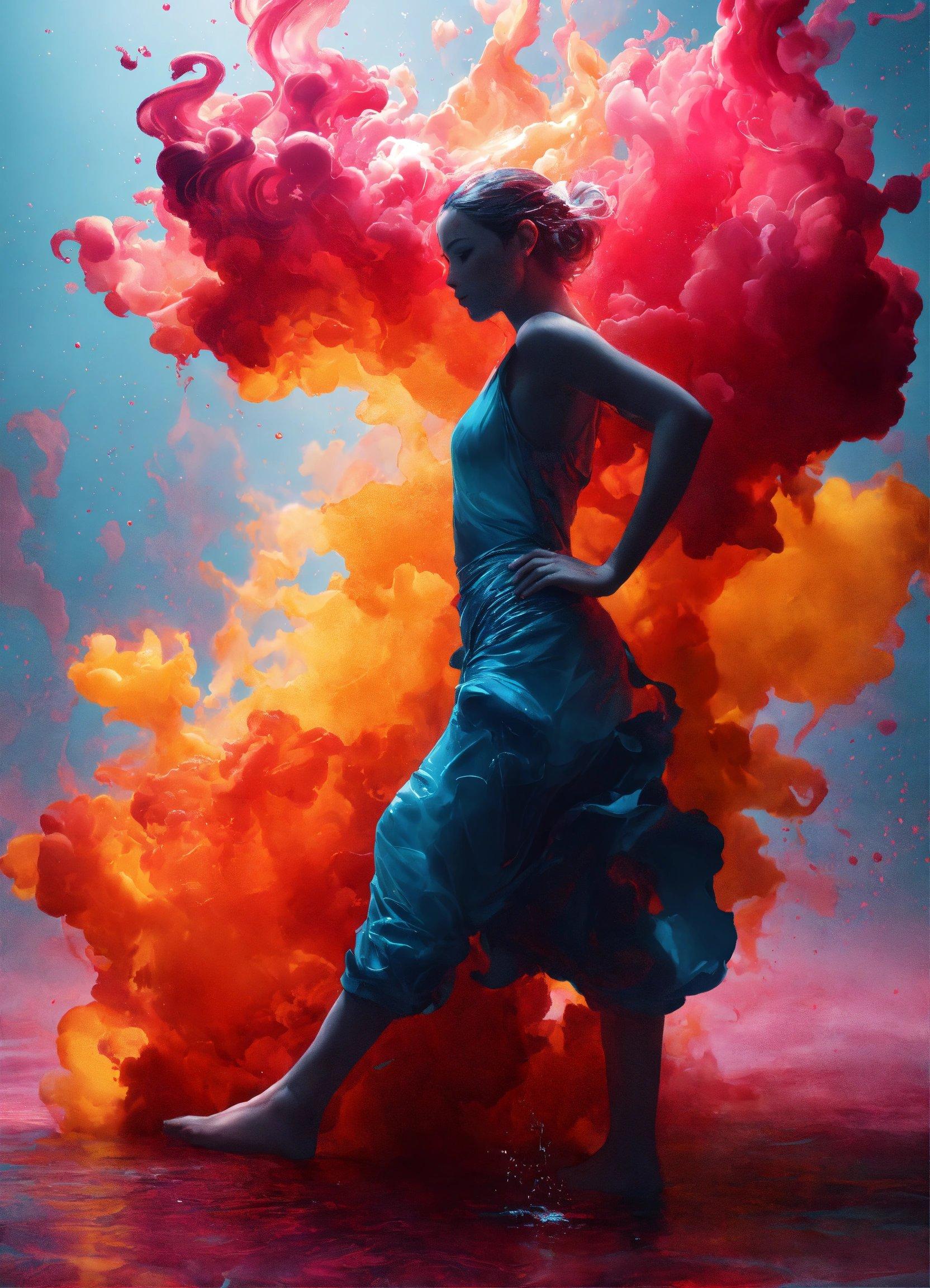 A Woman In A Blue Dress Is Surrounded By Colored Smoke