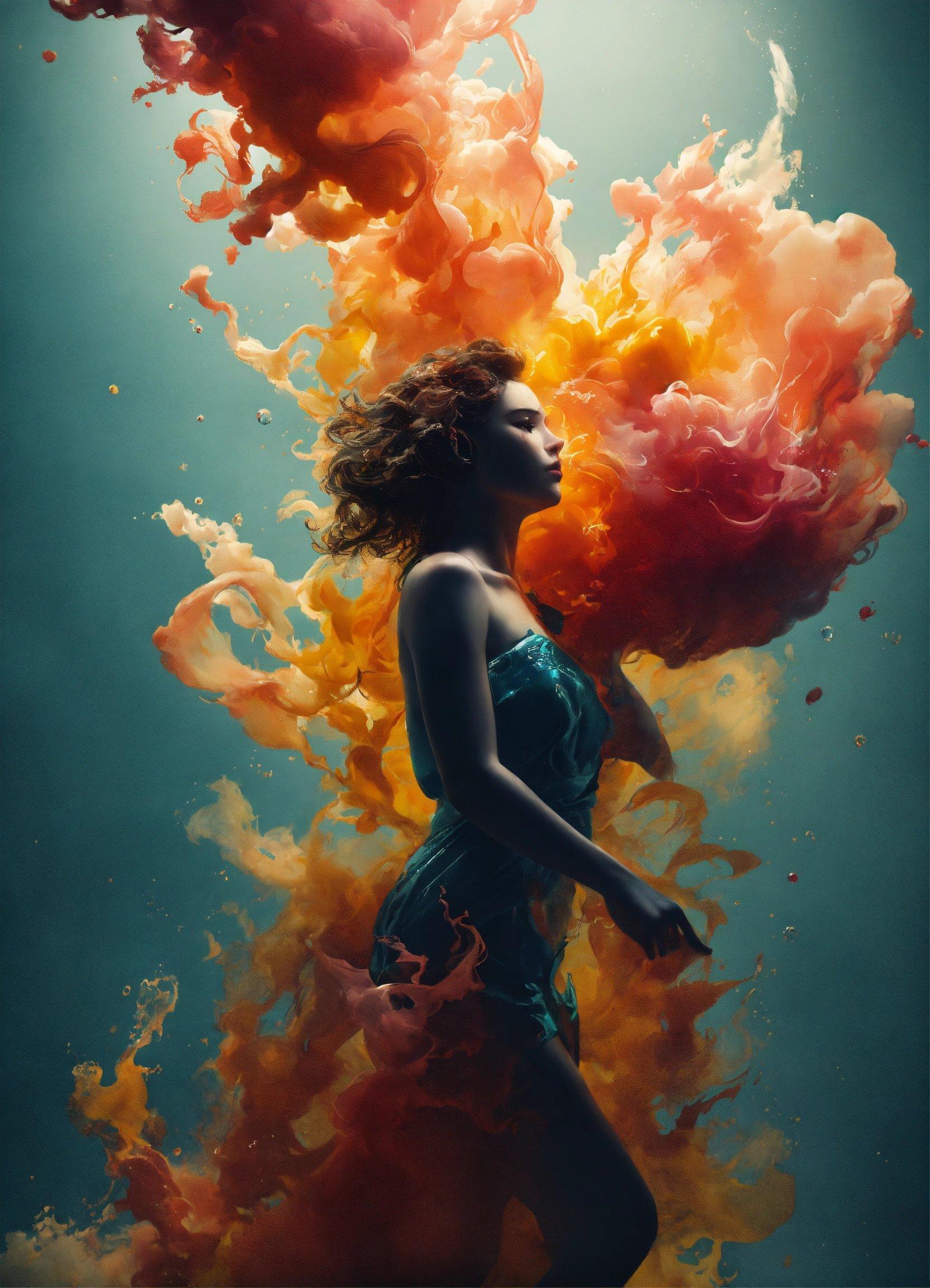 A Woman In A Blue Dress Surrounded By Red And Yellow Smoke