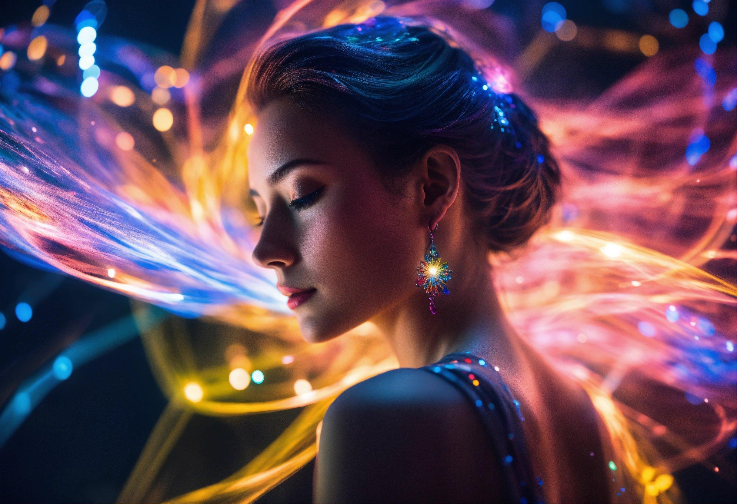 A Woman In A Blue Dress With Bright Lights Around Her