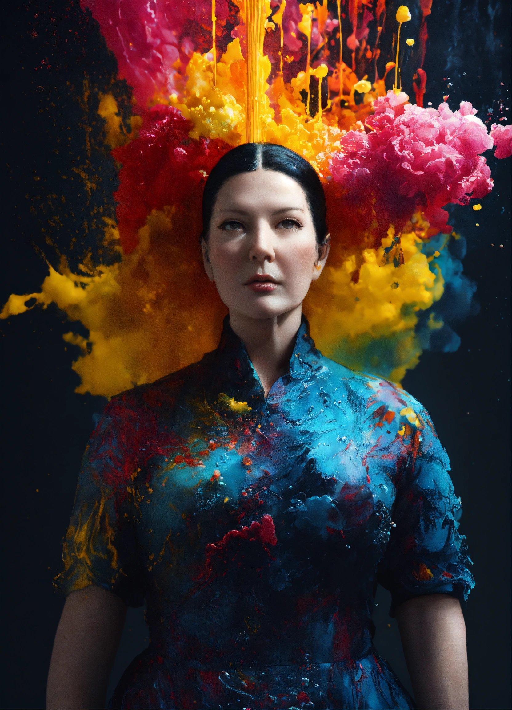 A Woman In A Blue Dress With Colorful Paint On Her Head