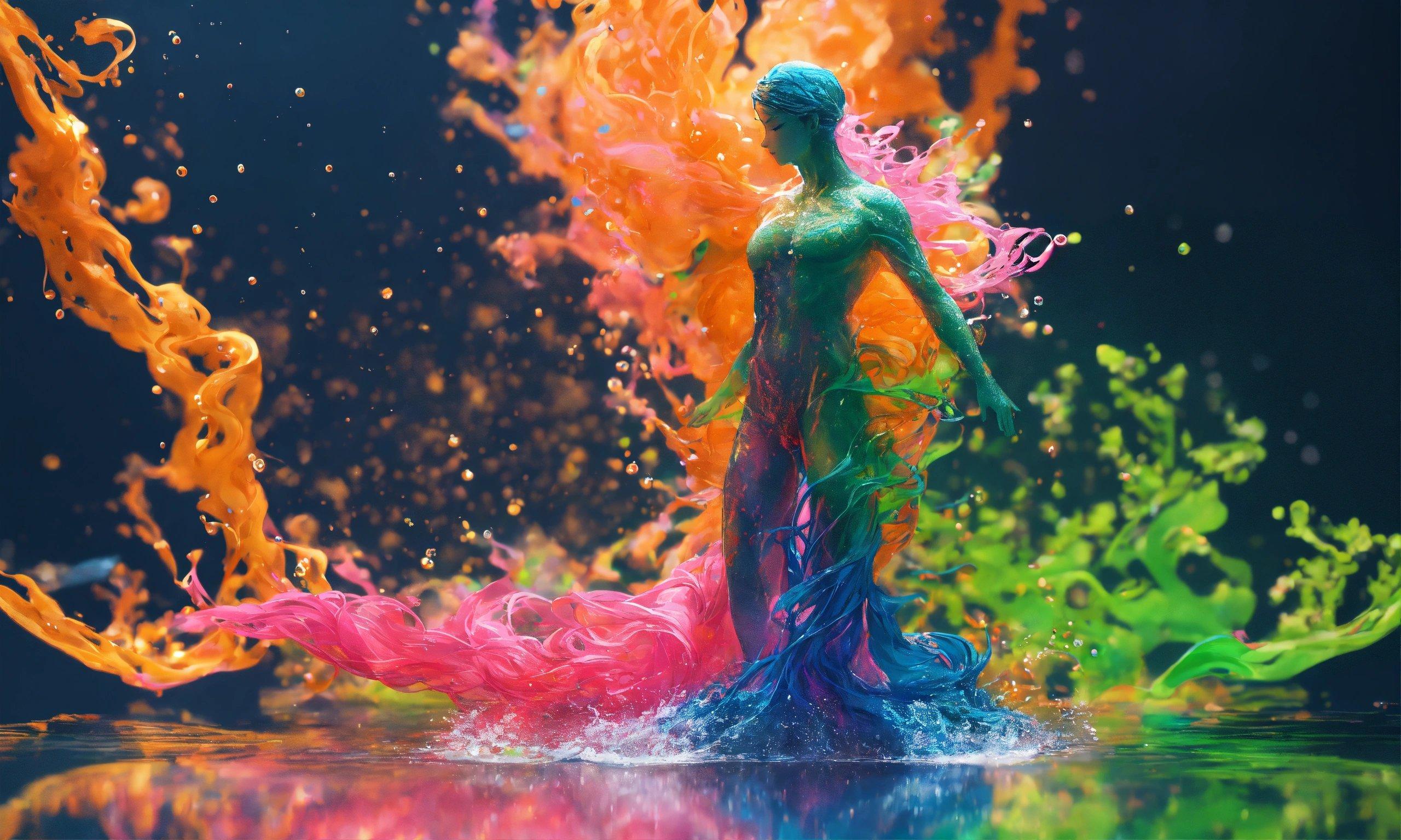 A Woman In A Colorful Dress Standing In A Body Of Water