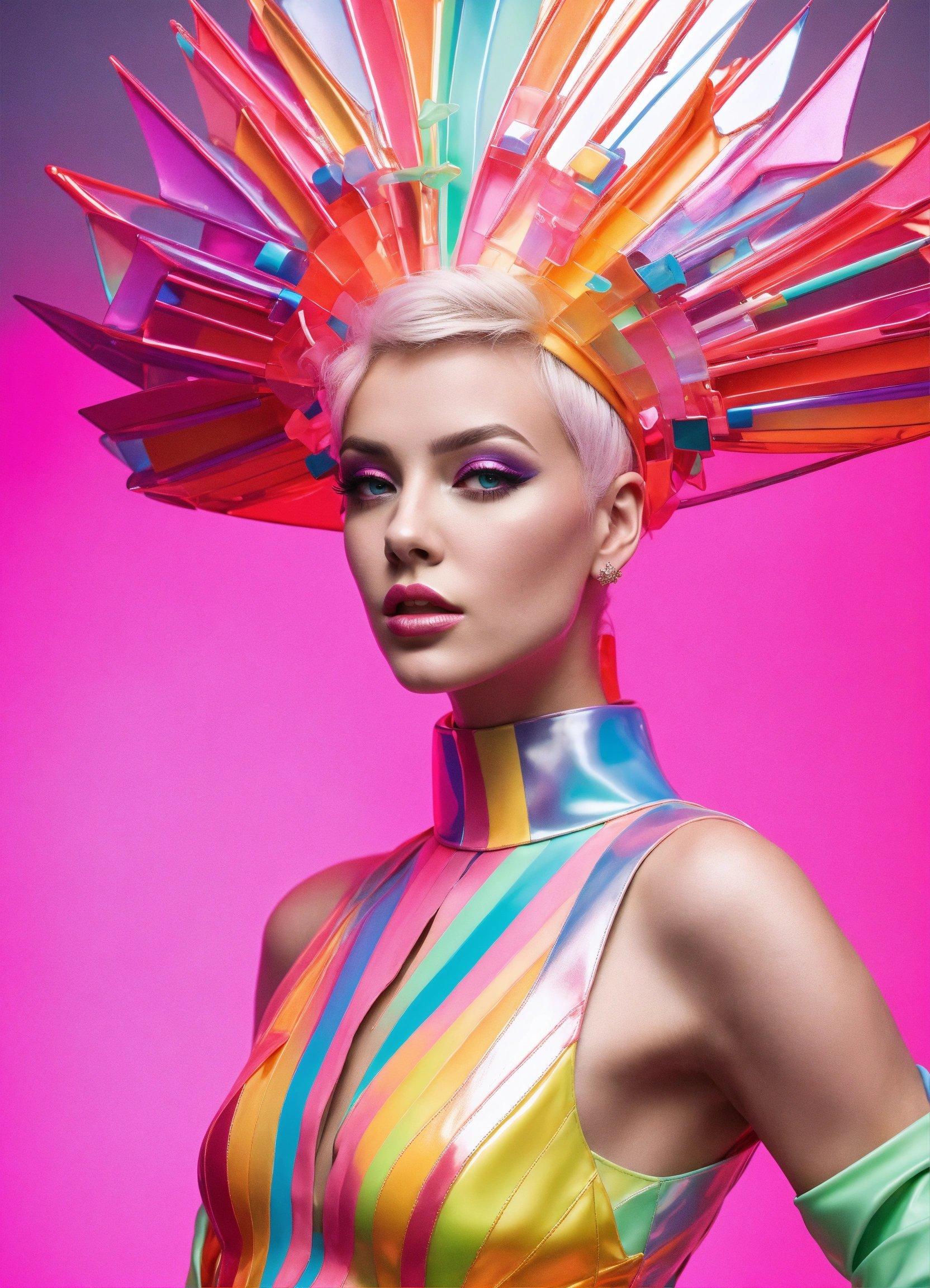 A Woman In A Colorful Dress With A Weird Headpiece