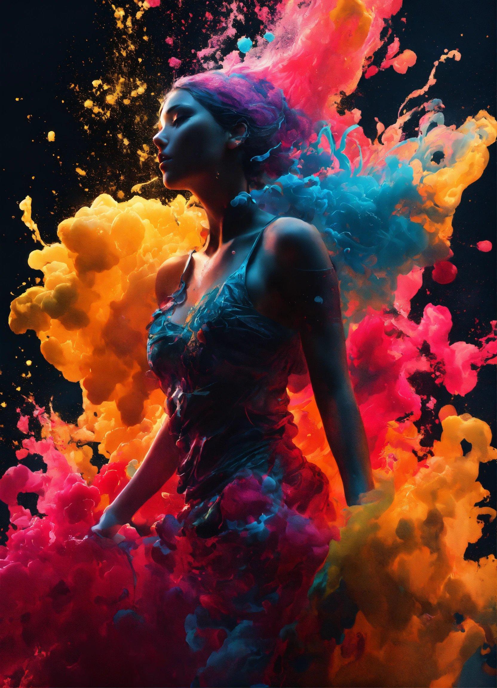 A Woman In A Dress Covered In Colored Powder