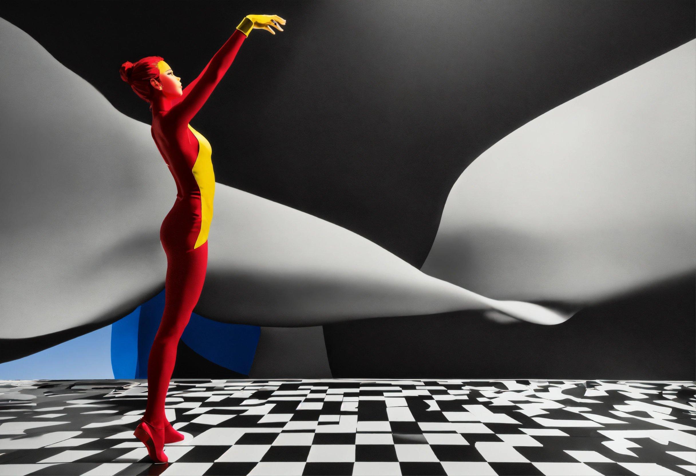 A Woman In A Red And Yellow Bodysuit Standing On A Checkered Floor