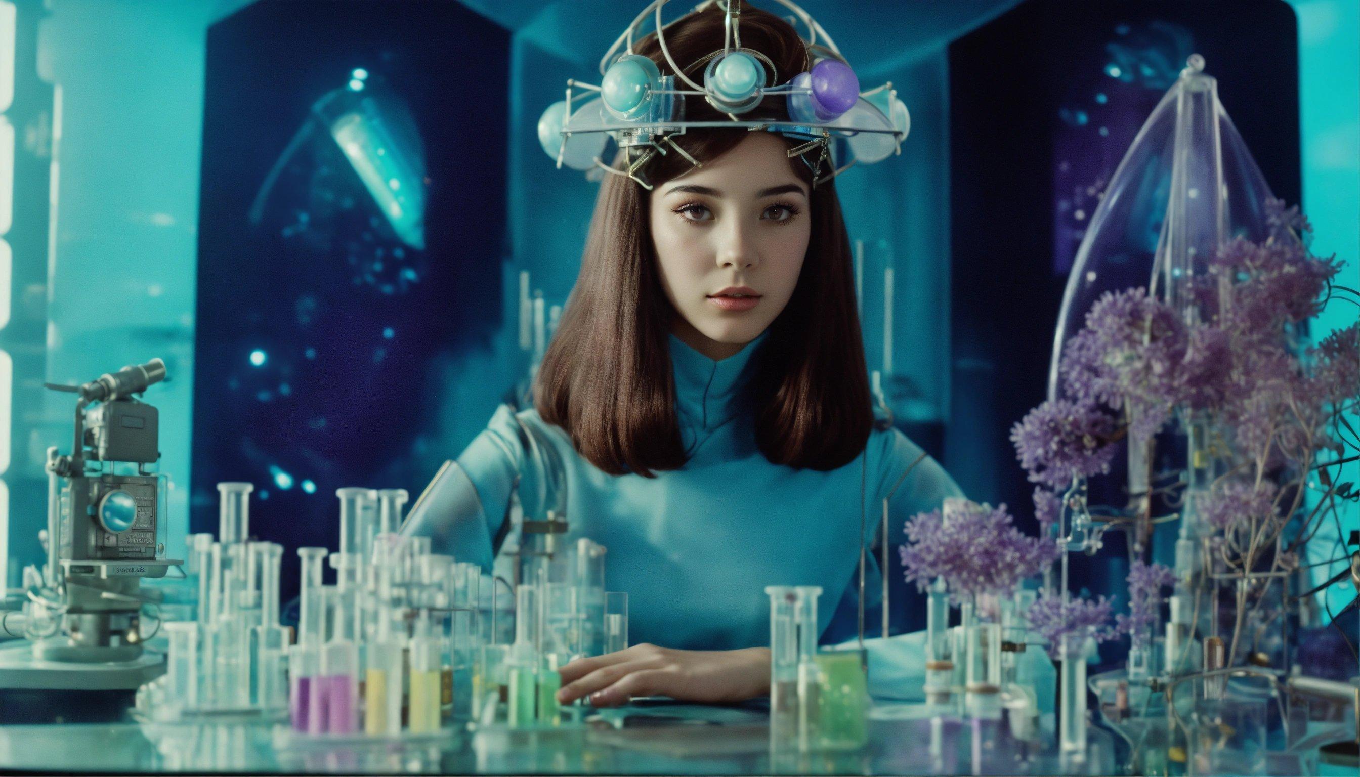 A Woman In A Science Lab Surrounded By Flasks