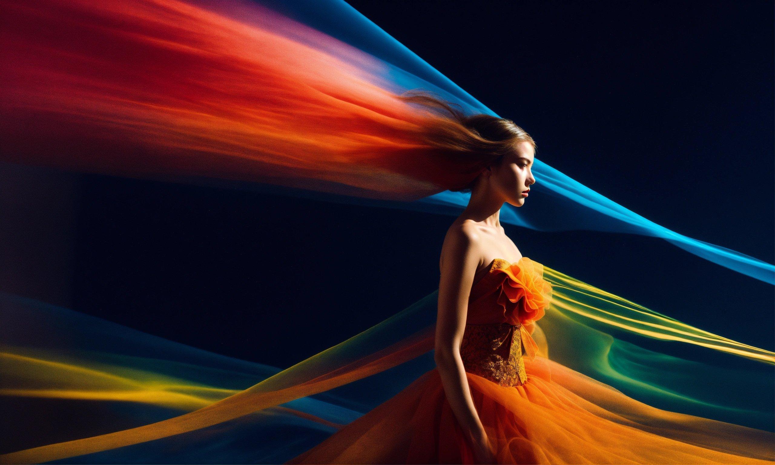 A Woman In An Orange Dress With A Long Flowing Hair