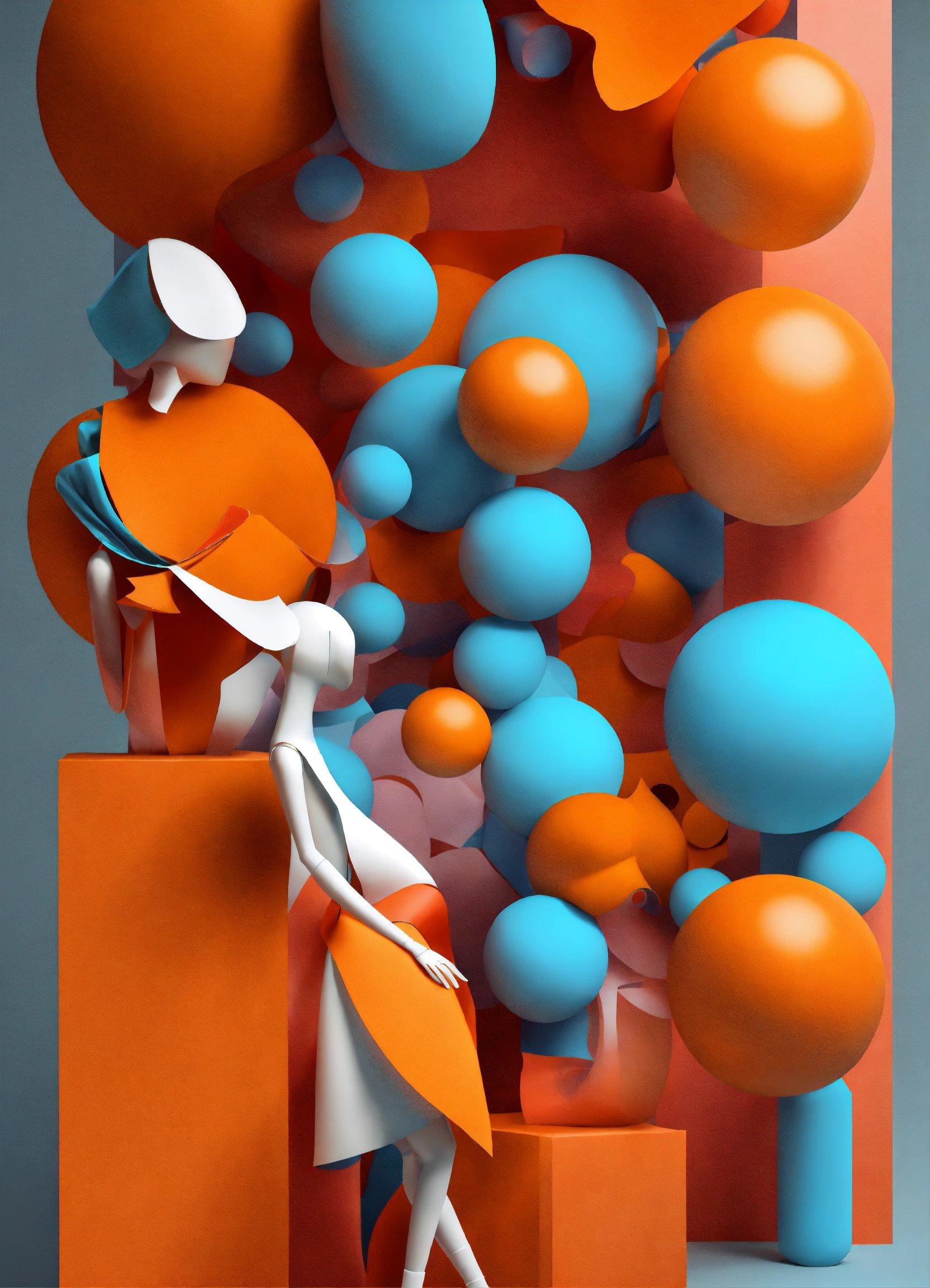 A Woman Is Standing In Front Of An Orange And Blue Sculpture