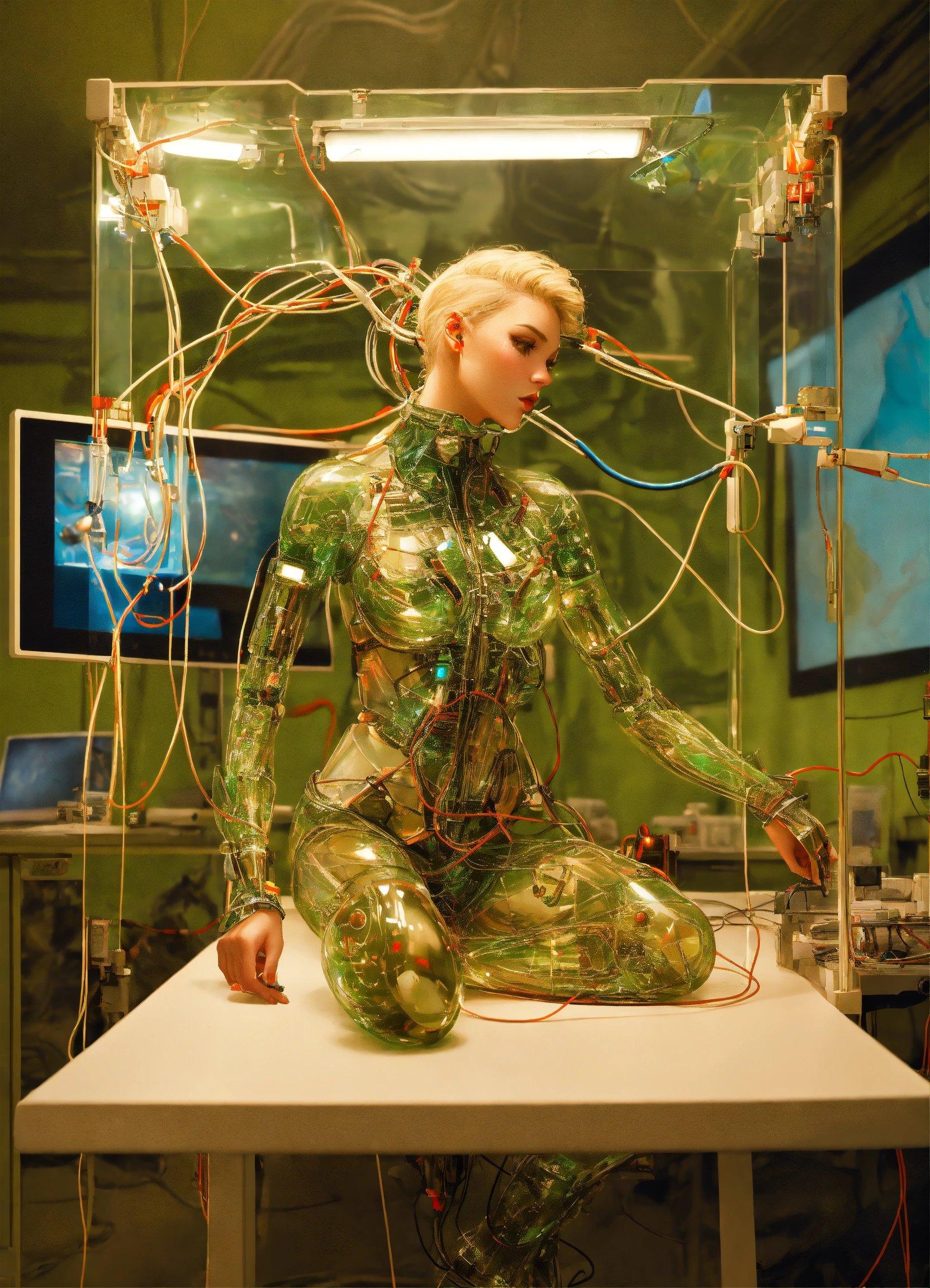 A Woman Sitting On Top Of A Table Surrounded By Wires