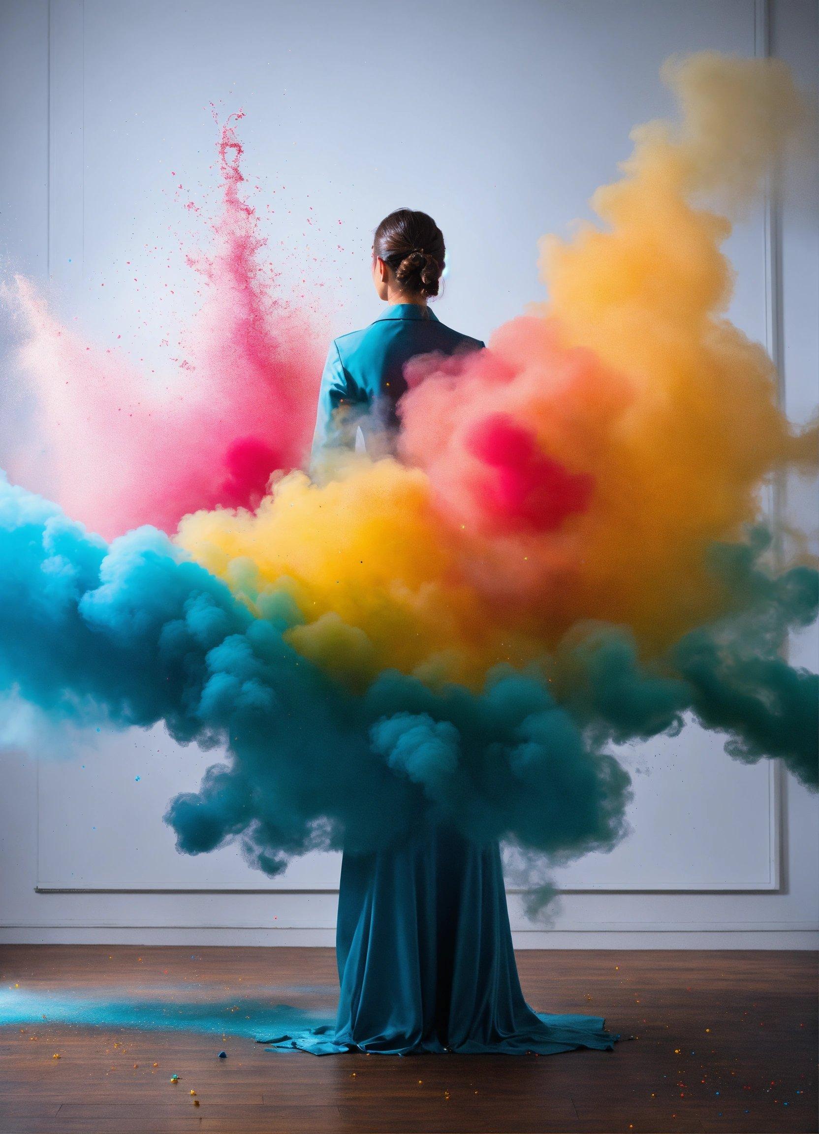 A Woman Standing In Front Of A Colorful Cloud Of Smoke