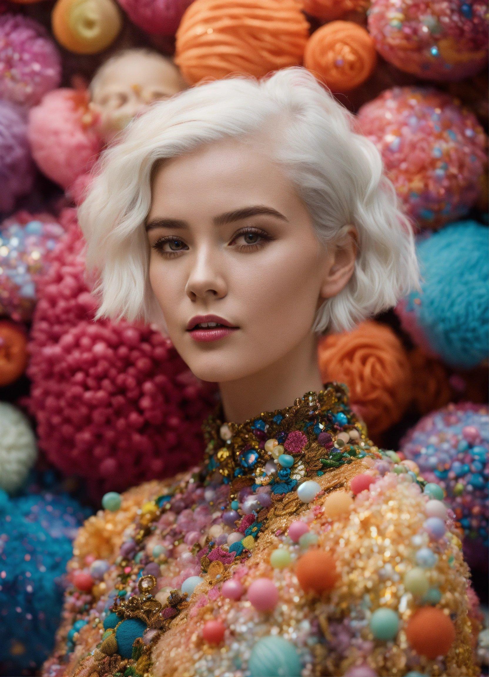 A Woman Standing In Front Of A Pile Of Balls Of Yarn