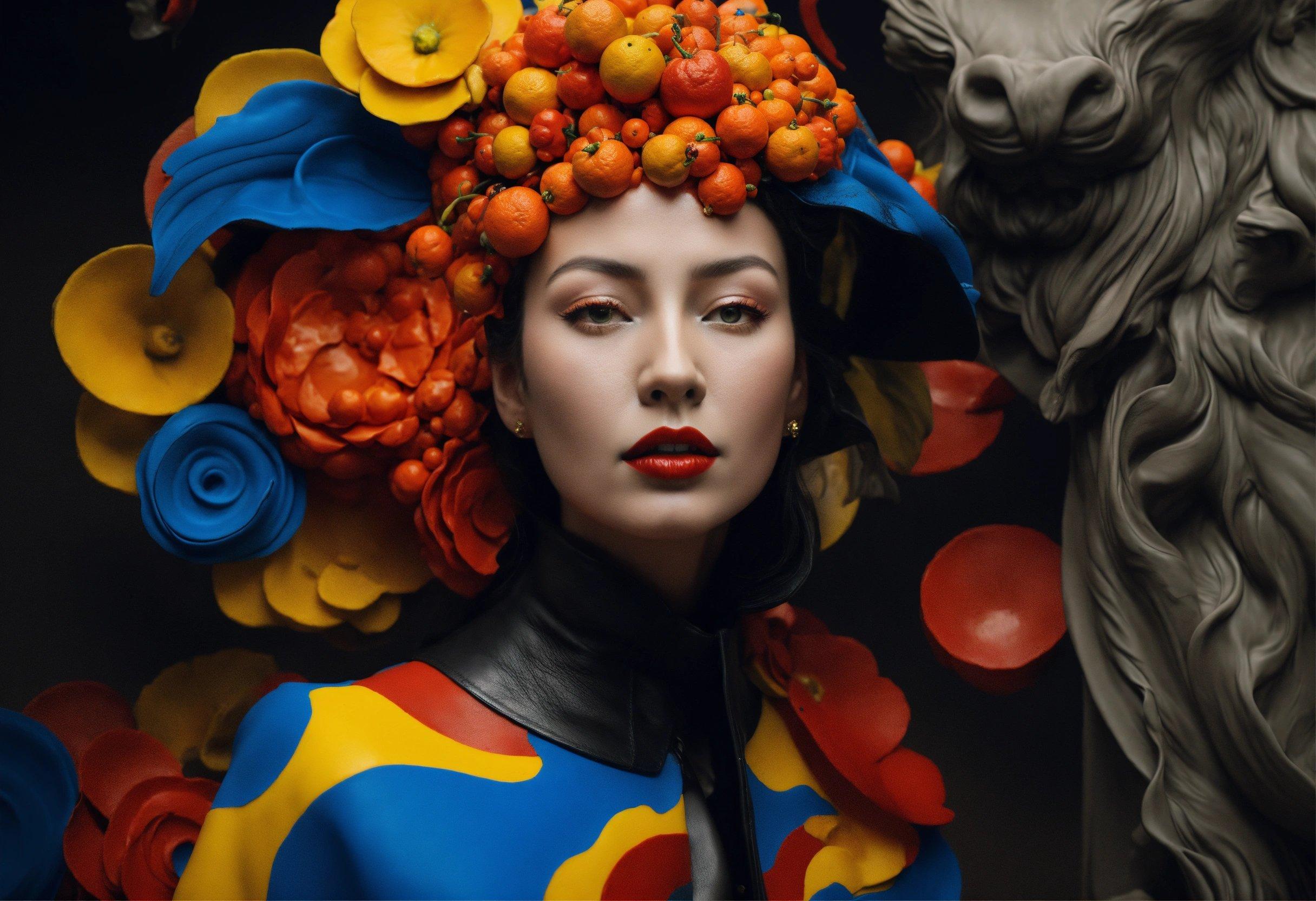 A Woman Wearing A Colorful Hat With Flowers On Her Head