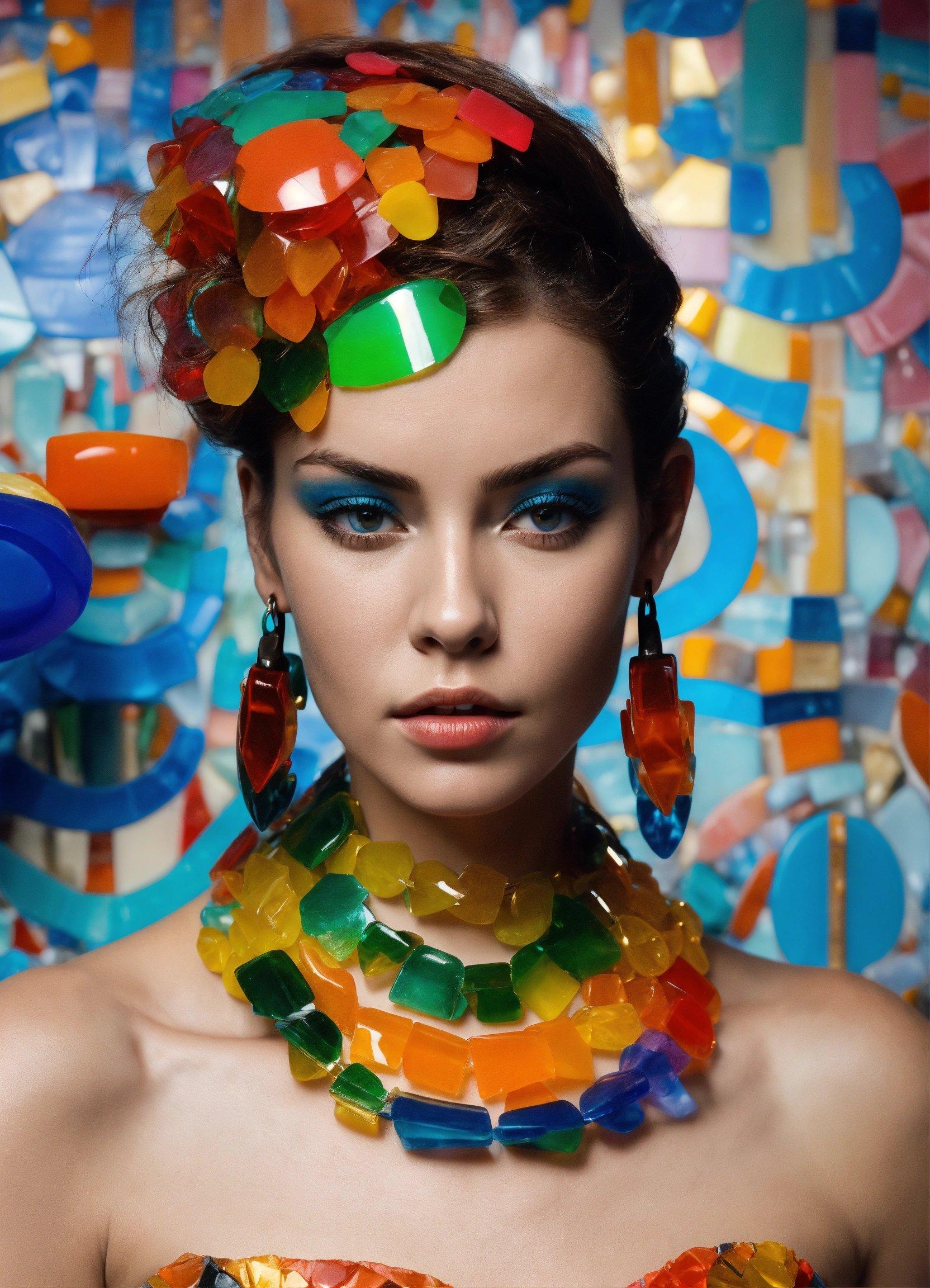 A Woman Wearing A Multicolored Necklace And Earrings