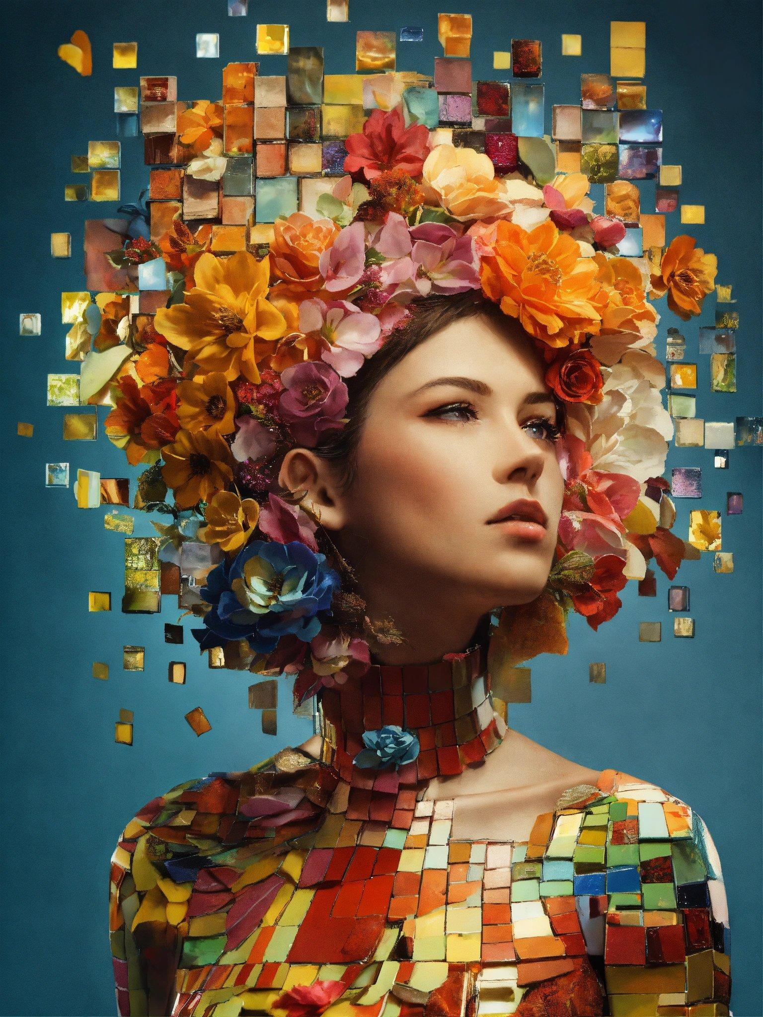 A Woman With A Multicolored Dress And Flowers On Her Head