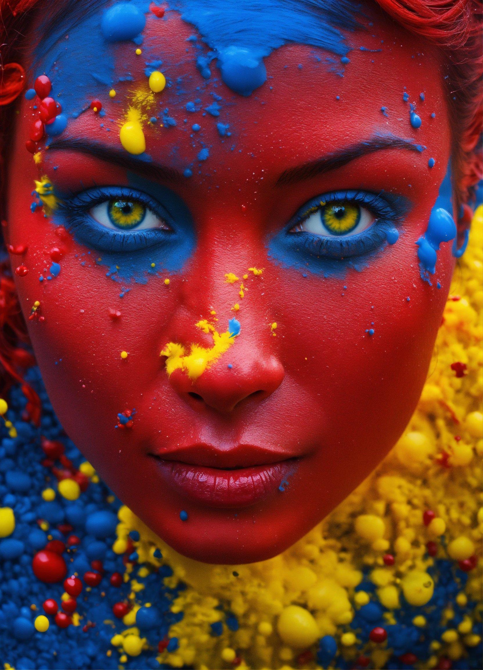 A Woman With Blue And Yellow Paint On Her Face