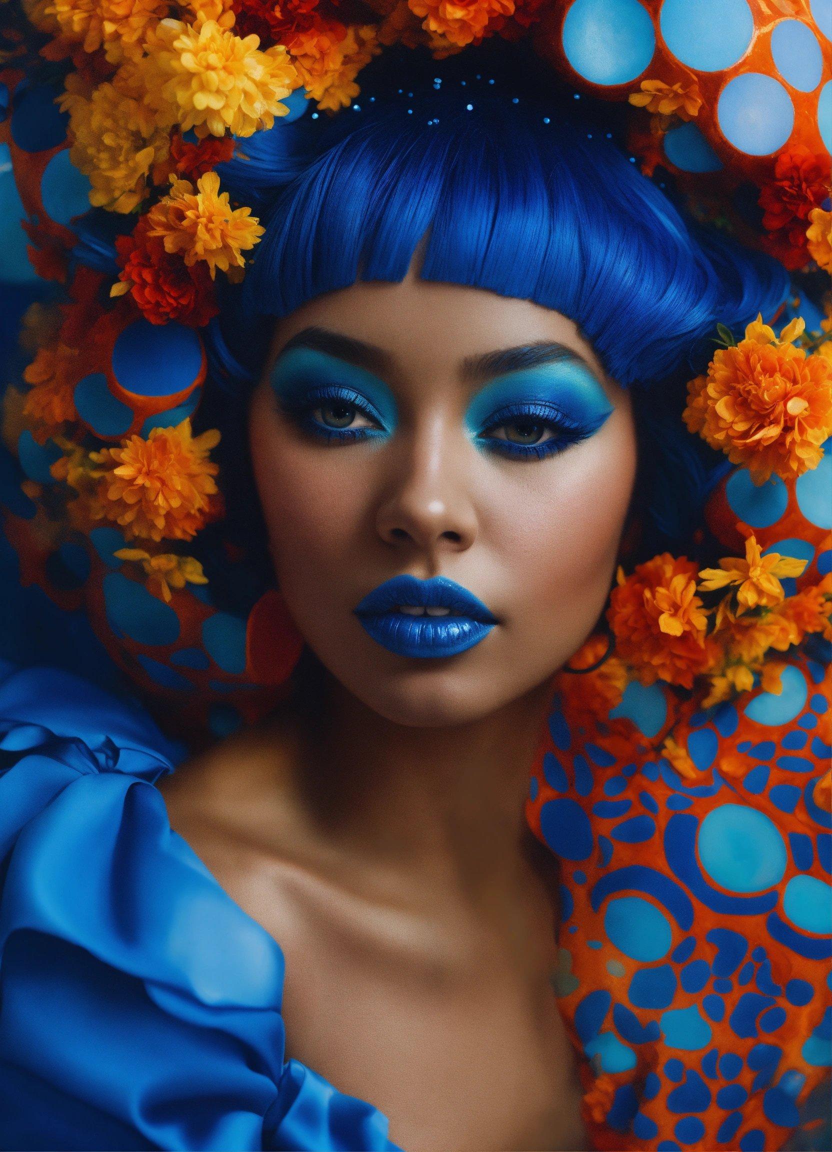 A Woman With Blue Hair And Flowers In Her Hair