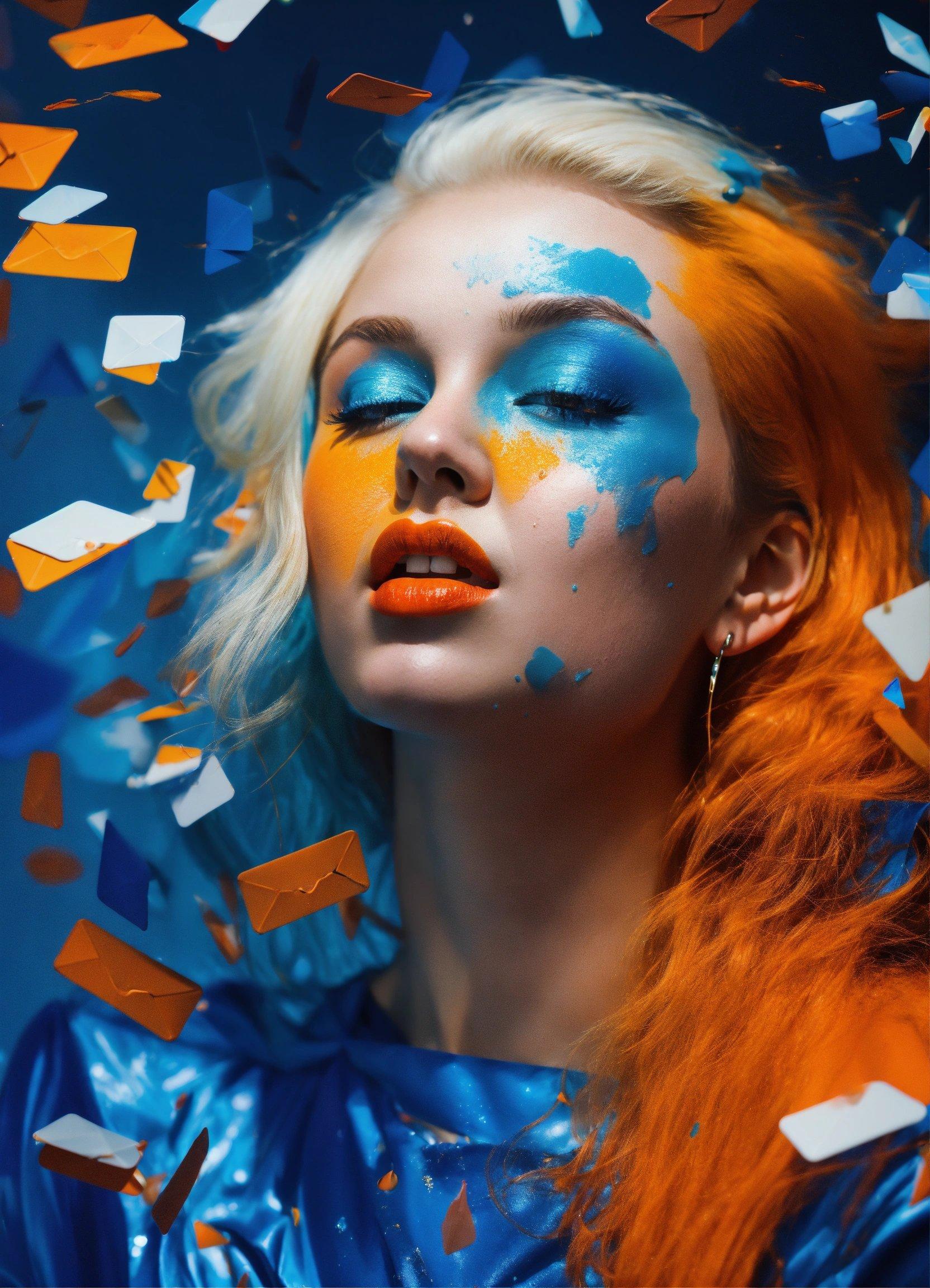 A Woman With Bright Blue And Orange Makeup