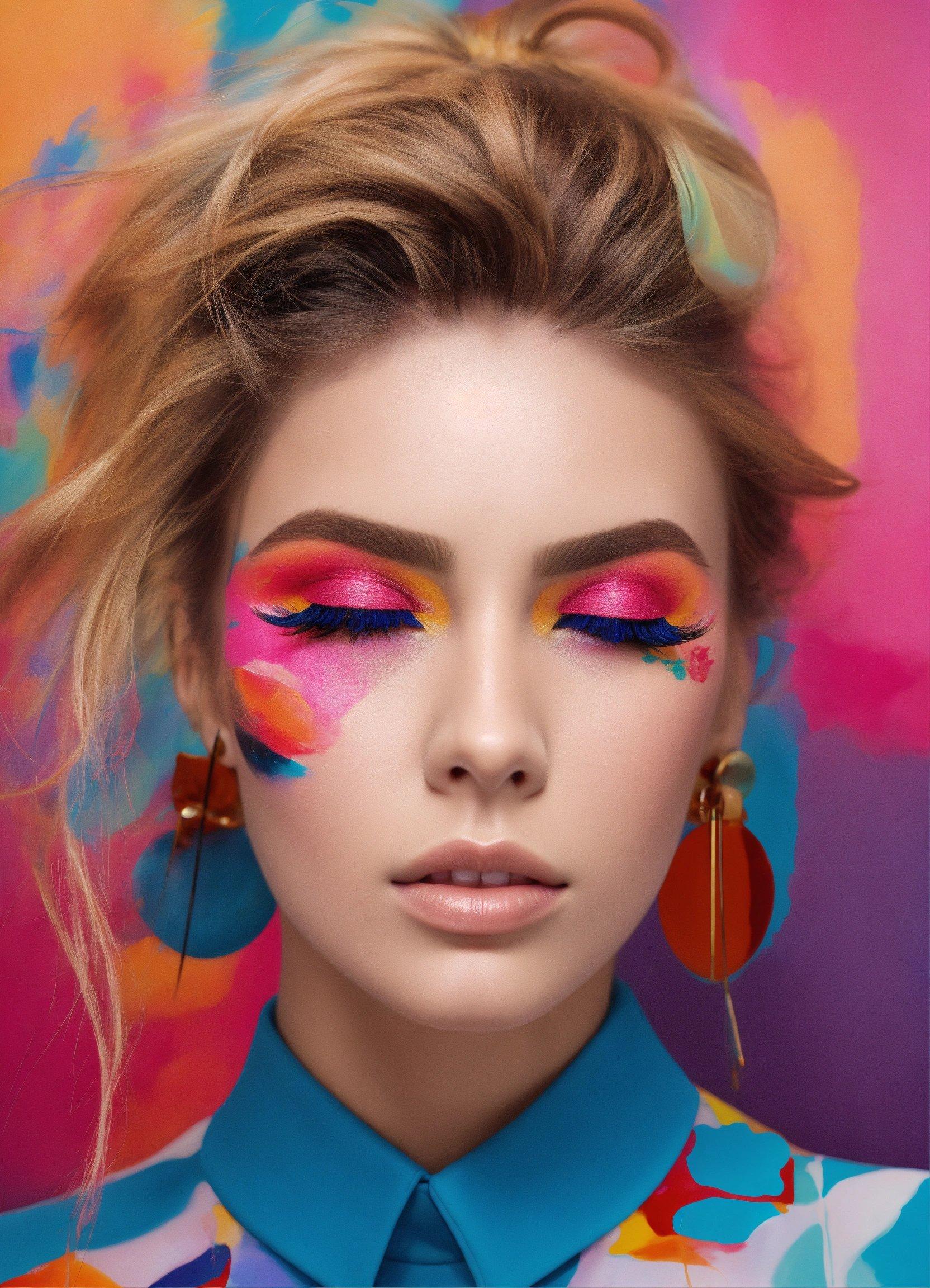 A Woman With Bright Makeup And A Blue Shirt