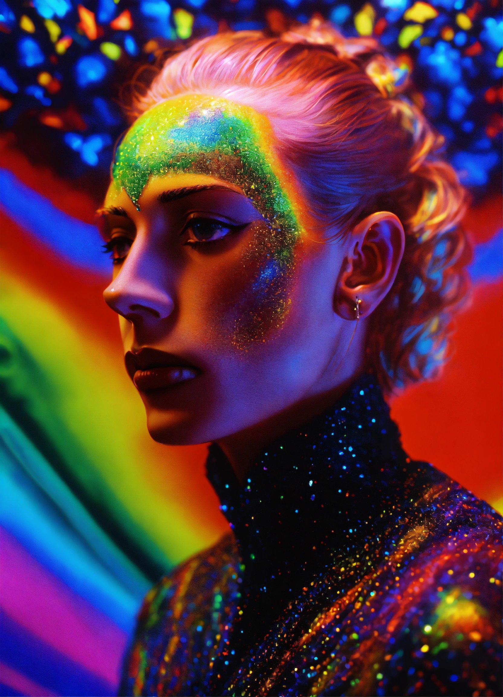 A Woman With Bright Makeup And Rainbow Paint On Her Face