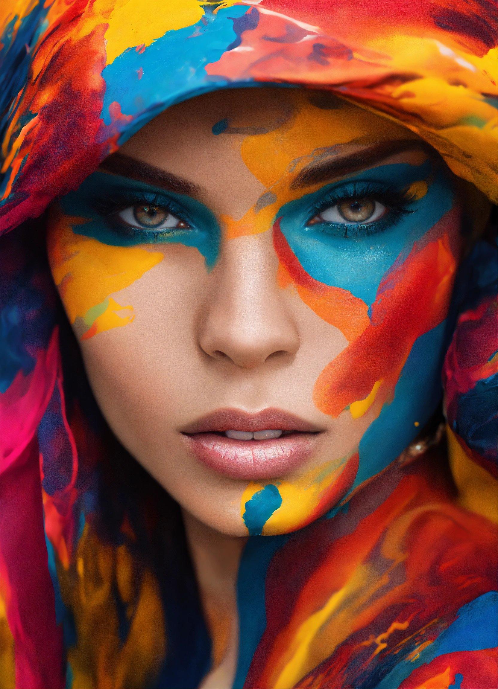 A Woman With Bright Paint All Over Her Face