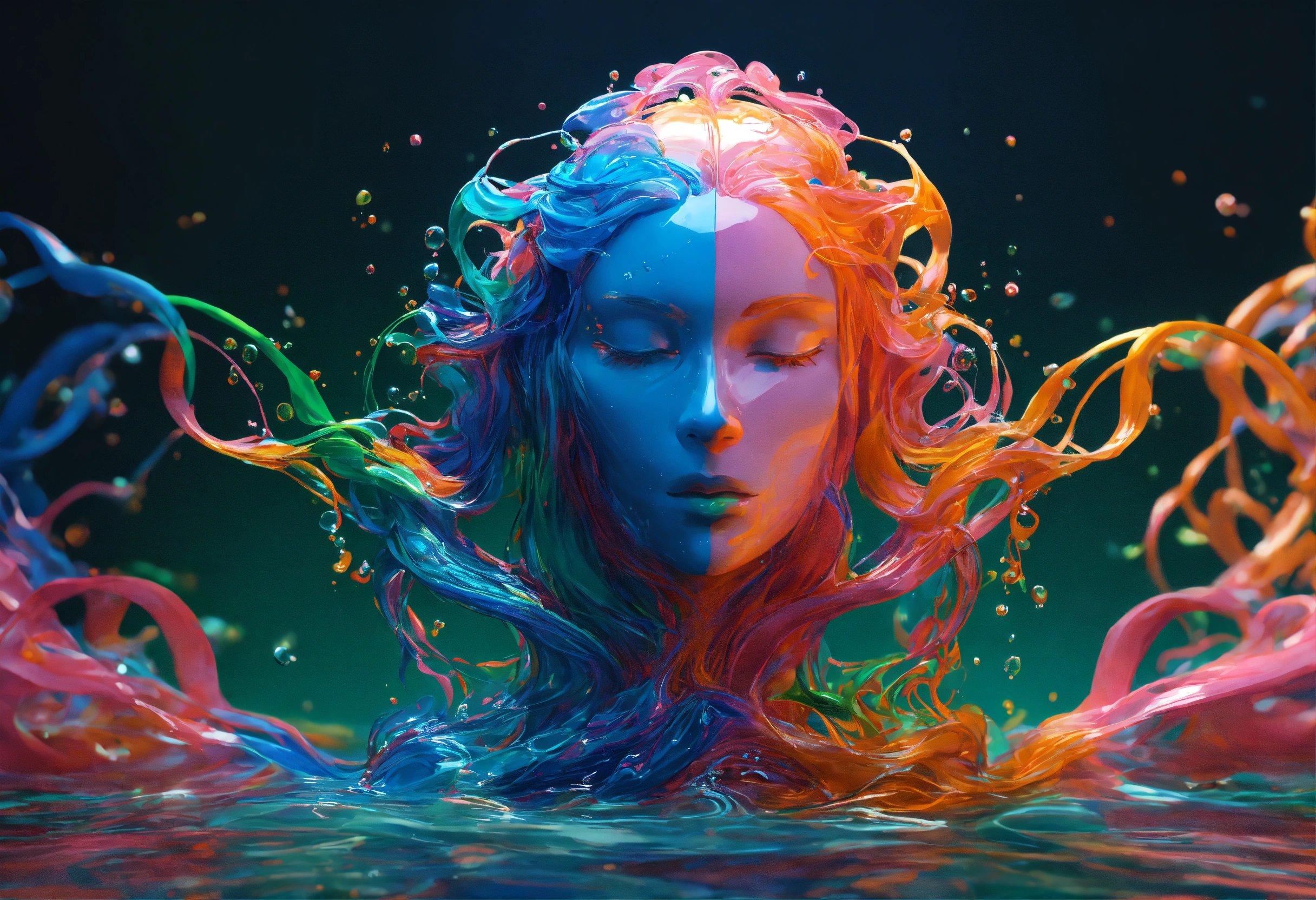 A Woman With Colorful Hair Floating In A Body Of Water