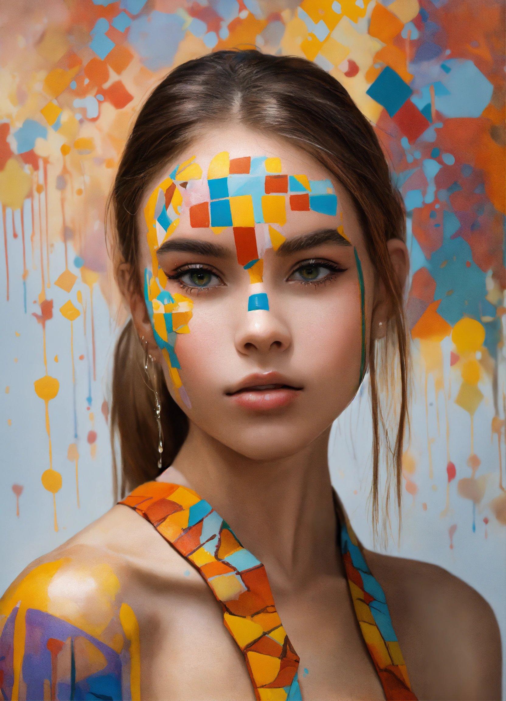 A Woman With Colorful Makeup And A Cross Painted On Her Face