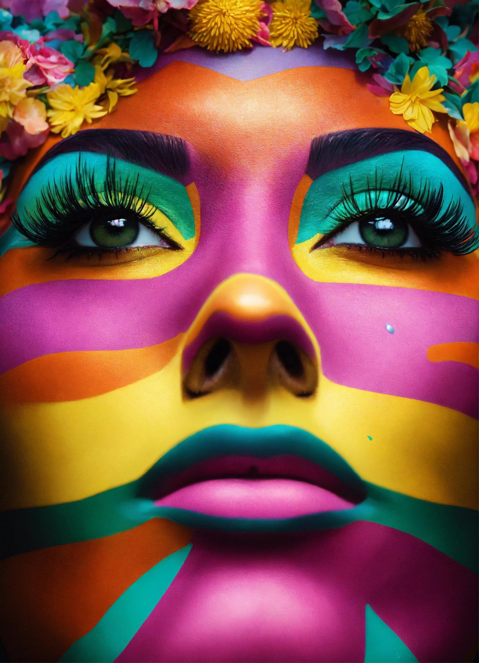 A Woman With Colorful Makeup And Flowers On Her Head