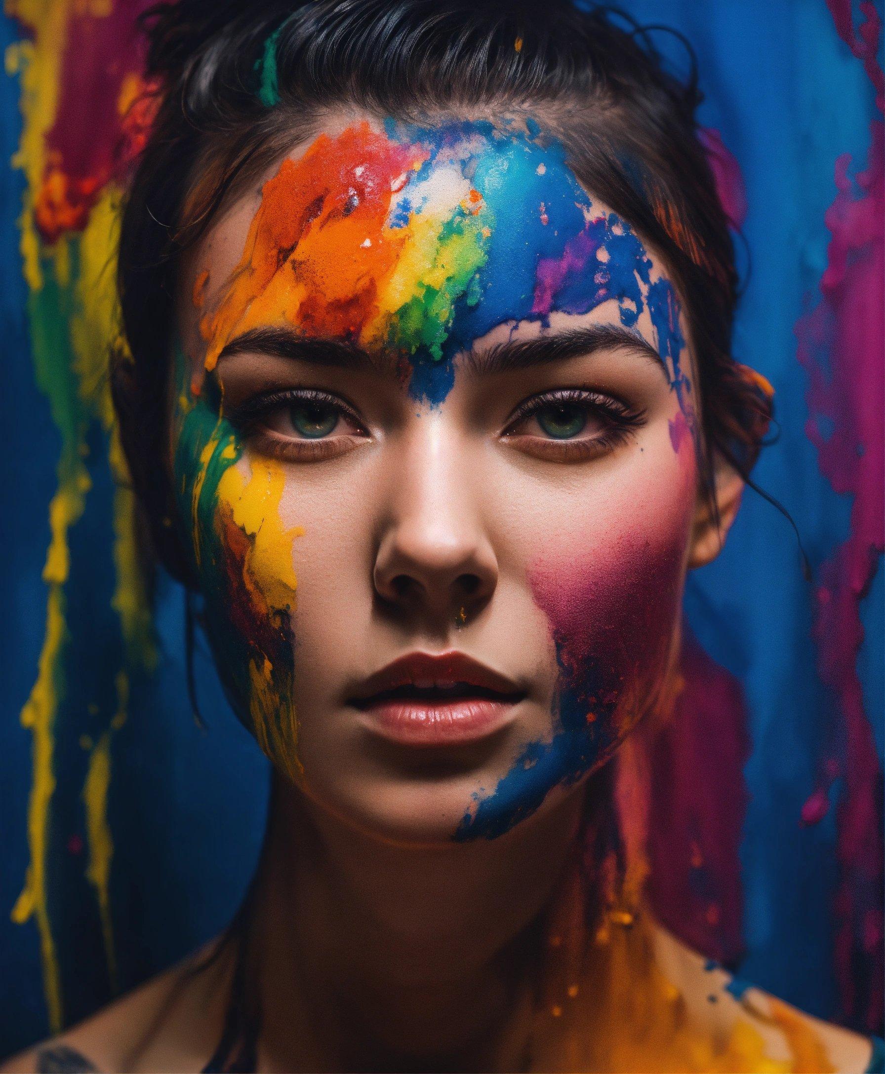 A Woman With Colorful Paint All Over Her Face