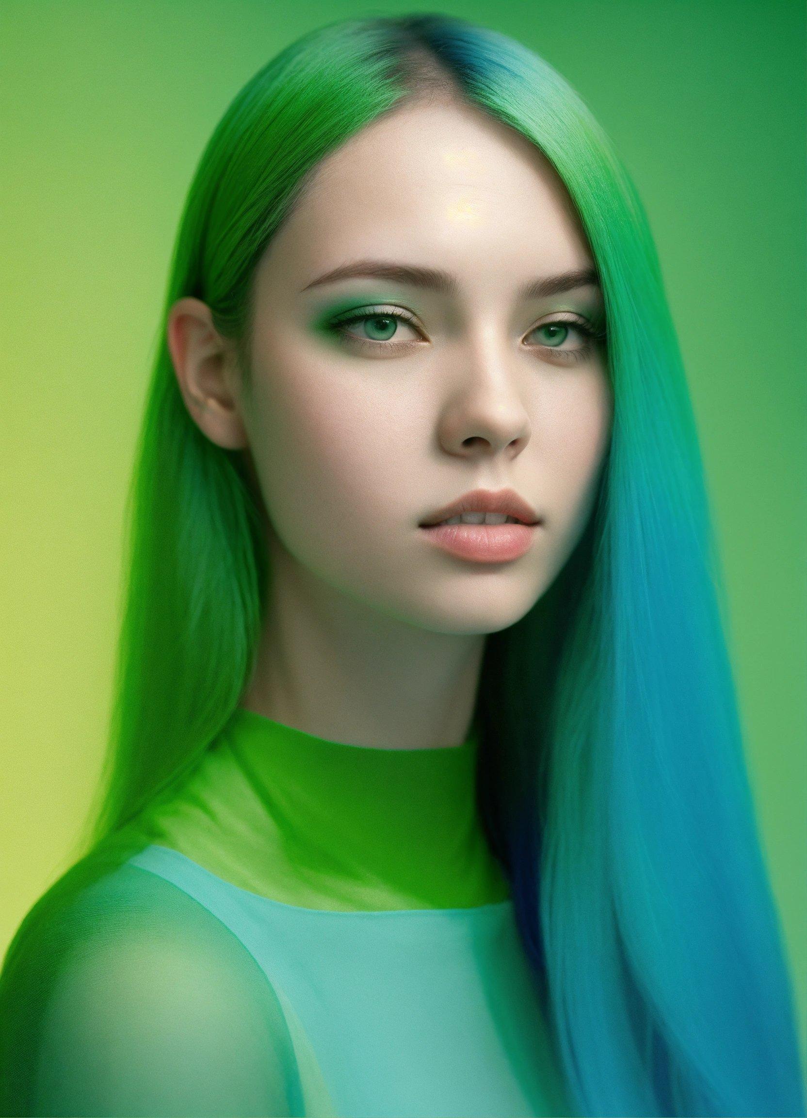 A Woman With Green Hair And Blue Eyes