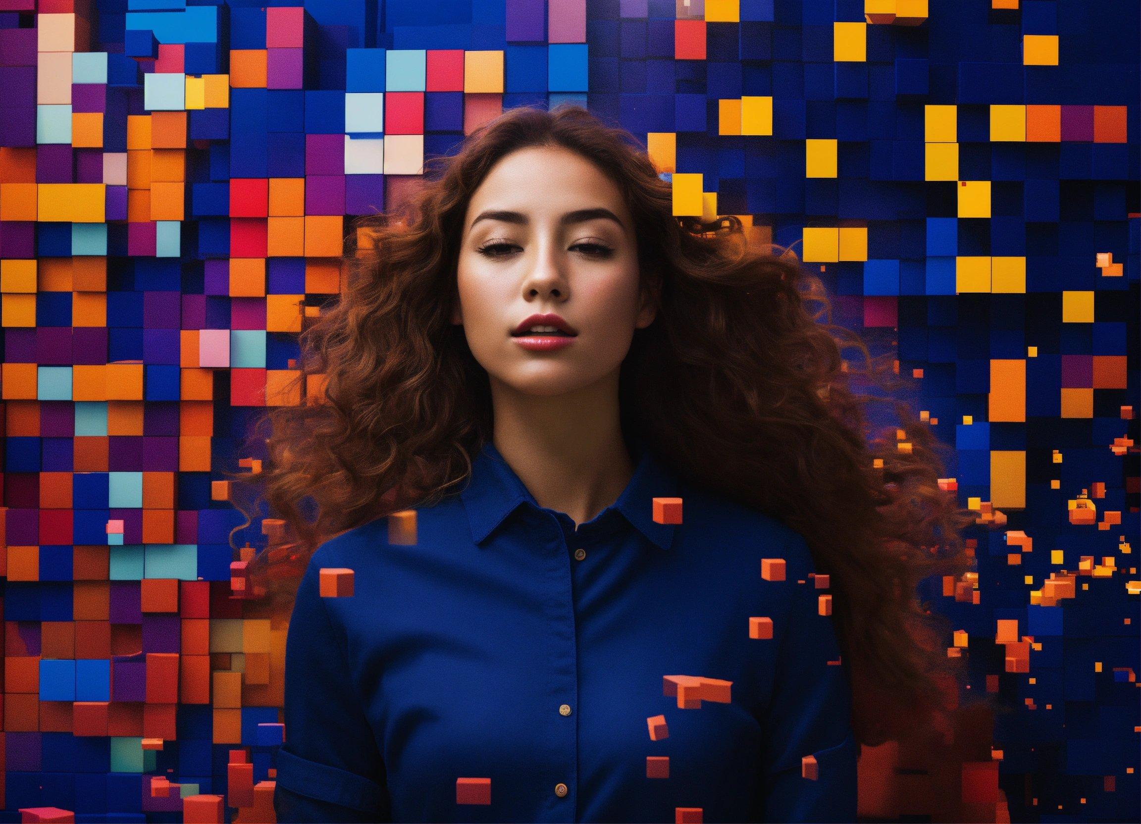 A Woman With Long Hair Standing In Front Of A Colorful Background