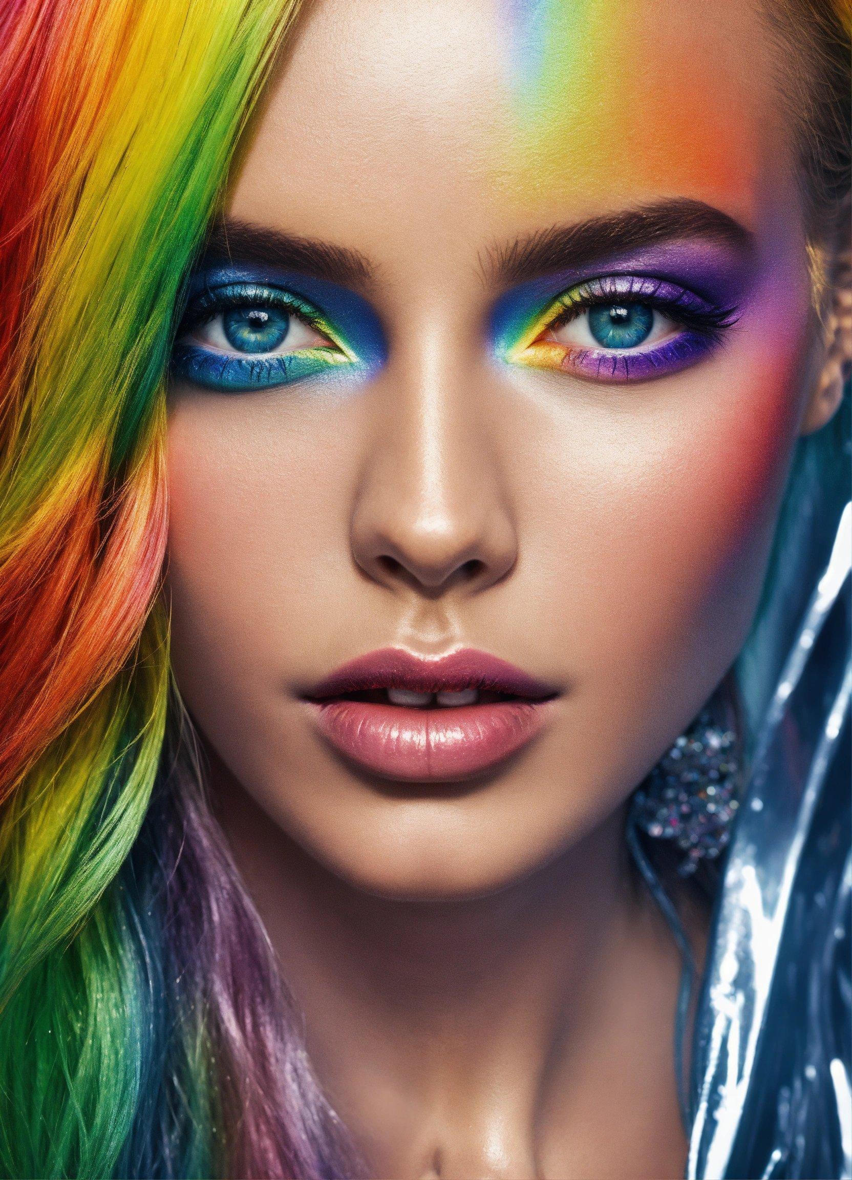 A Woman With Multi Colored Hair And Makeup