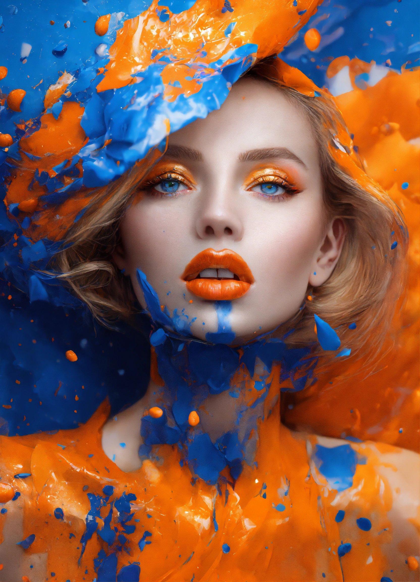 A Woman With Orange And Blue Paint On Her Face